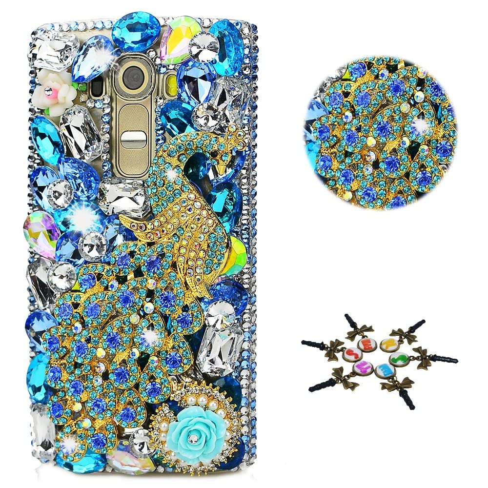 STENES Bling Phone Case Compatible with LG K52 Case - Stylish - 3D Handmade [Sparkle Series] Pretty Peacock Rose Flowers Sparkly Diamond Rhinestone Design Cover Case - Blue