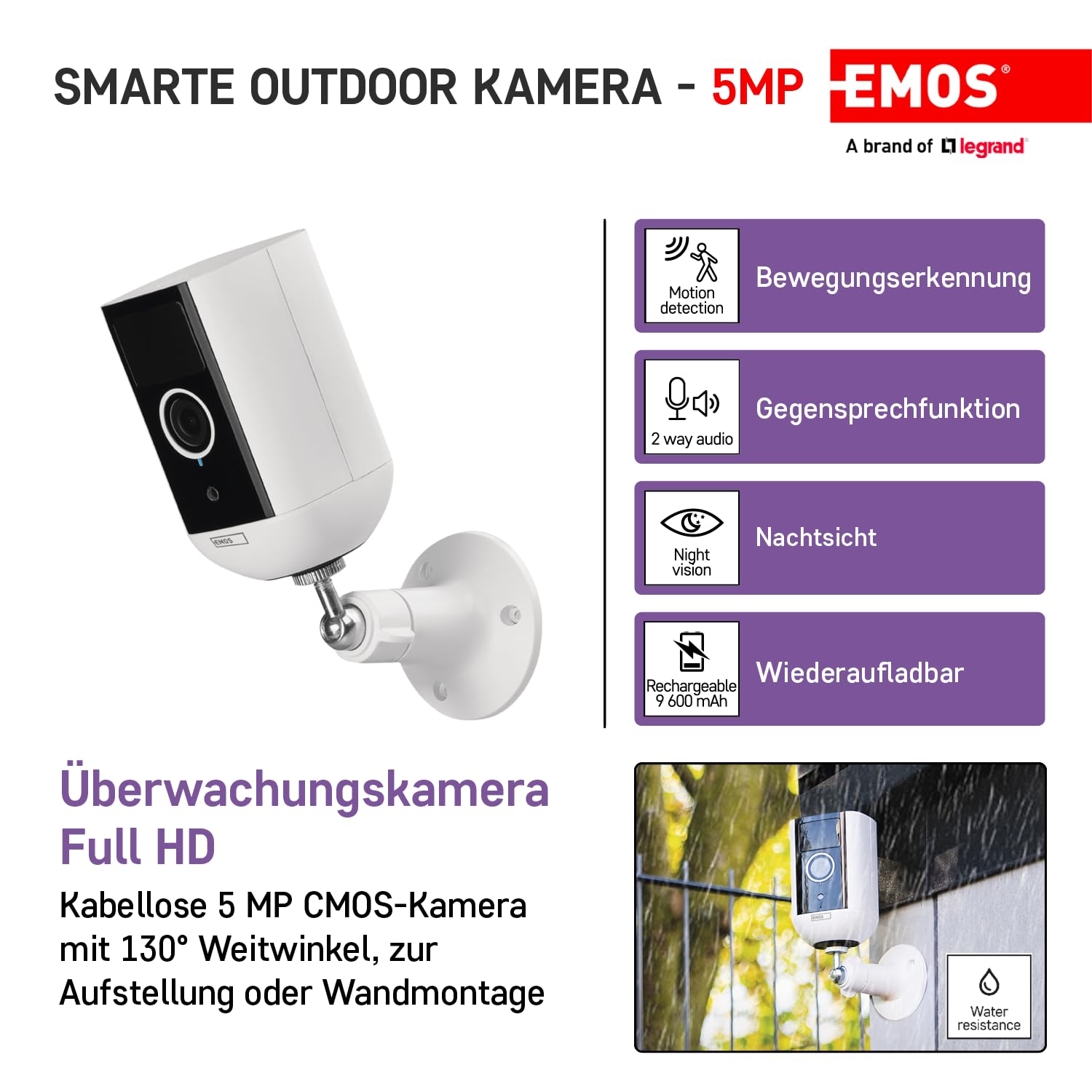 EMOS GoSmart - Smart Home Indoor/Outdoor Kamera - 5MP universale WLAN IP Kamera mit App - Bewegungserkennung, Nachtsicht, Akku - Google Assistant und Alexa Kompatibel - wasserdicht - weiß