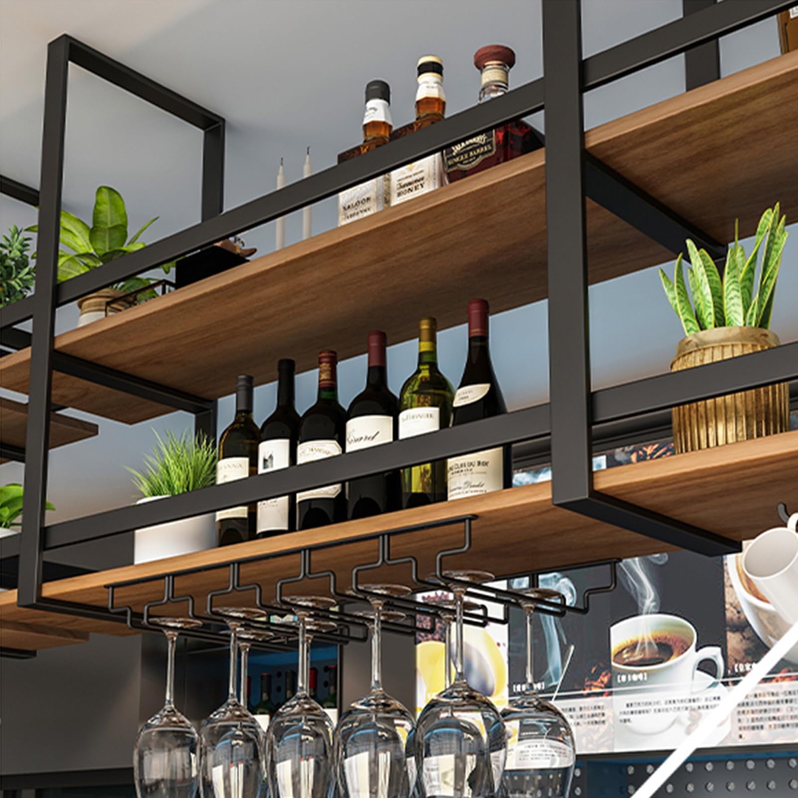 Support à verres à vin suspendu avec étagère flottante métal 100cm pour cuisine et bar