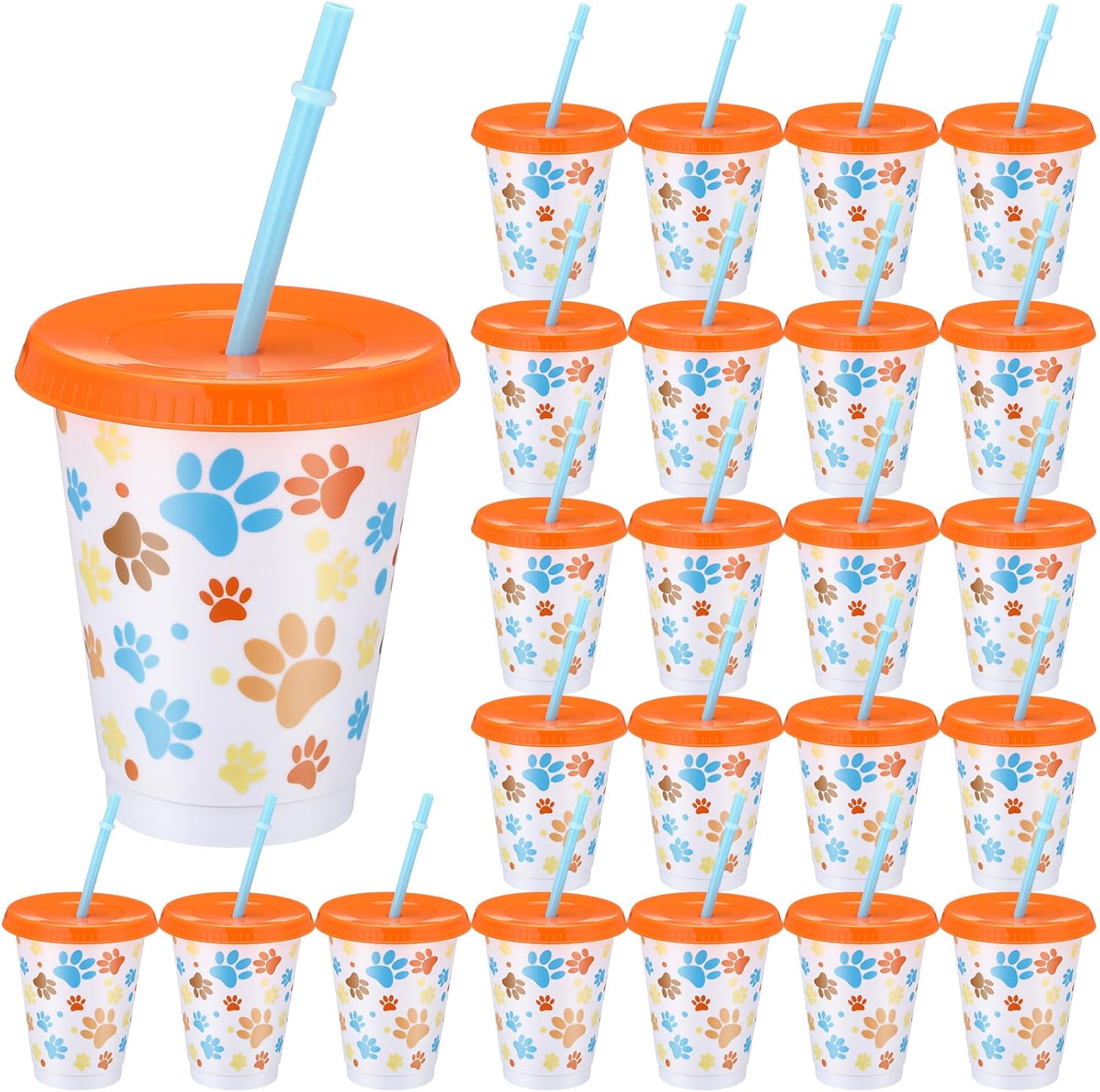 Sliner 24 Pcs Blue Dog Paw 16 oz Reusable Plastic Opaque Cups Paw Print Tumbler with Lid and Blue Straw Drinking Colorful Cup for Birthday Party Supplies Favors