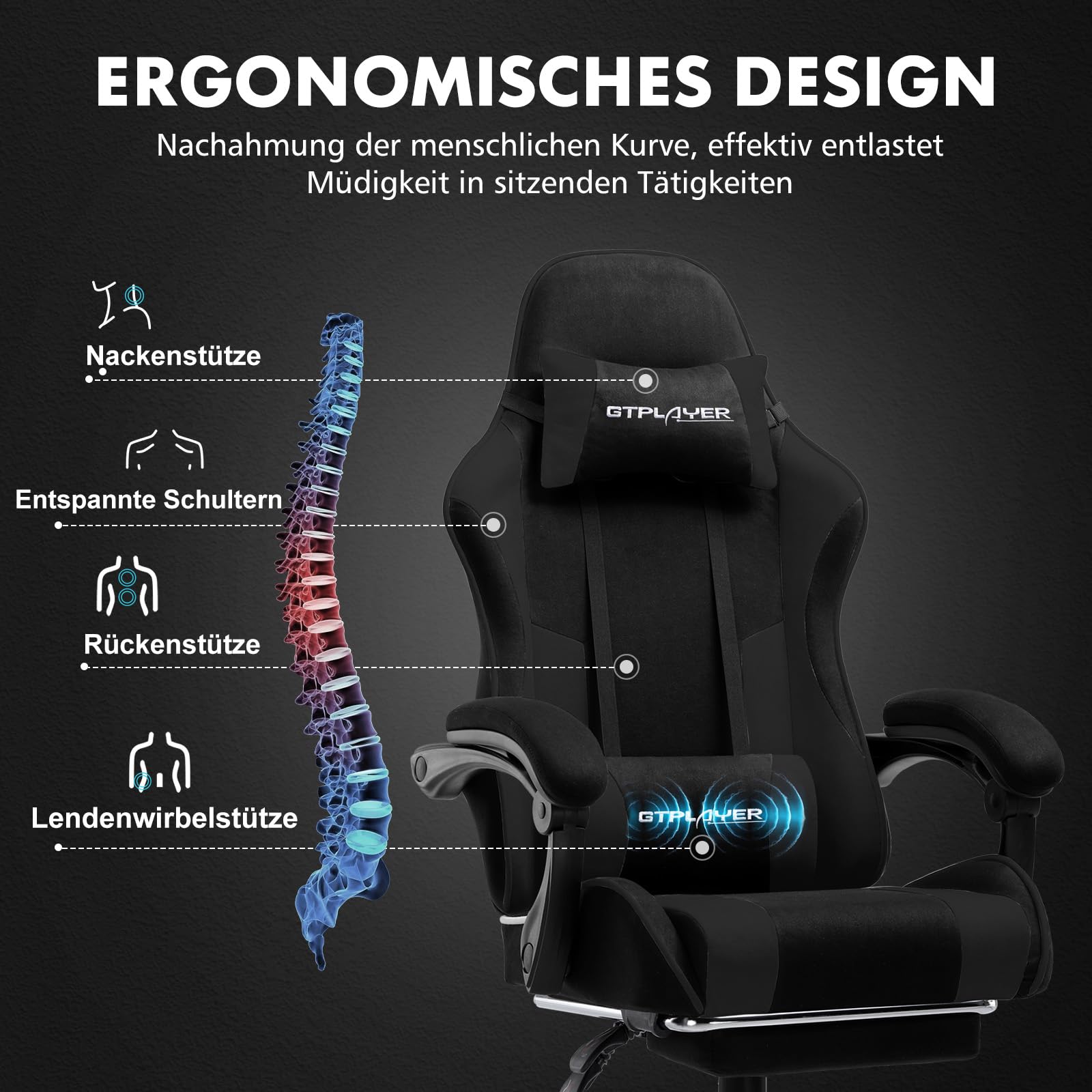 GTPLAYER Sedia da gioco, sedia da ufficio, sedia ergonomica, sedia da gioco, con supporto per massaggi, sedie task con poggiapiedi e poggiatesta, tessuto nero