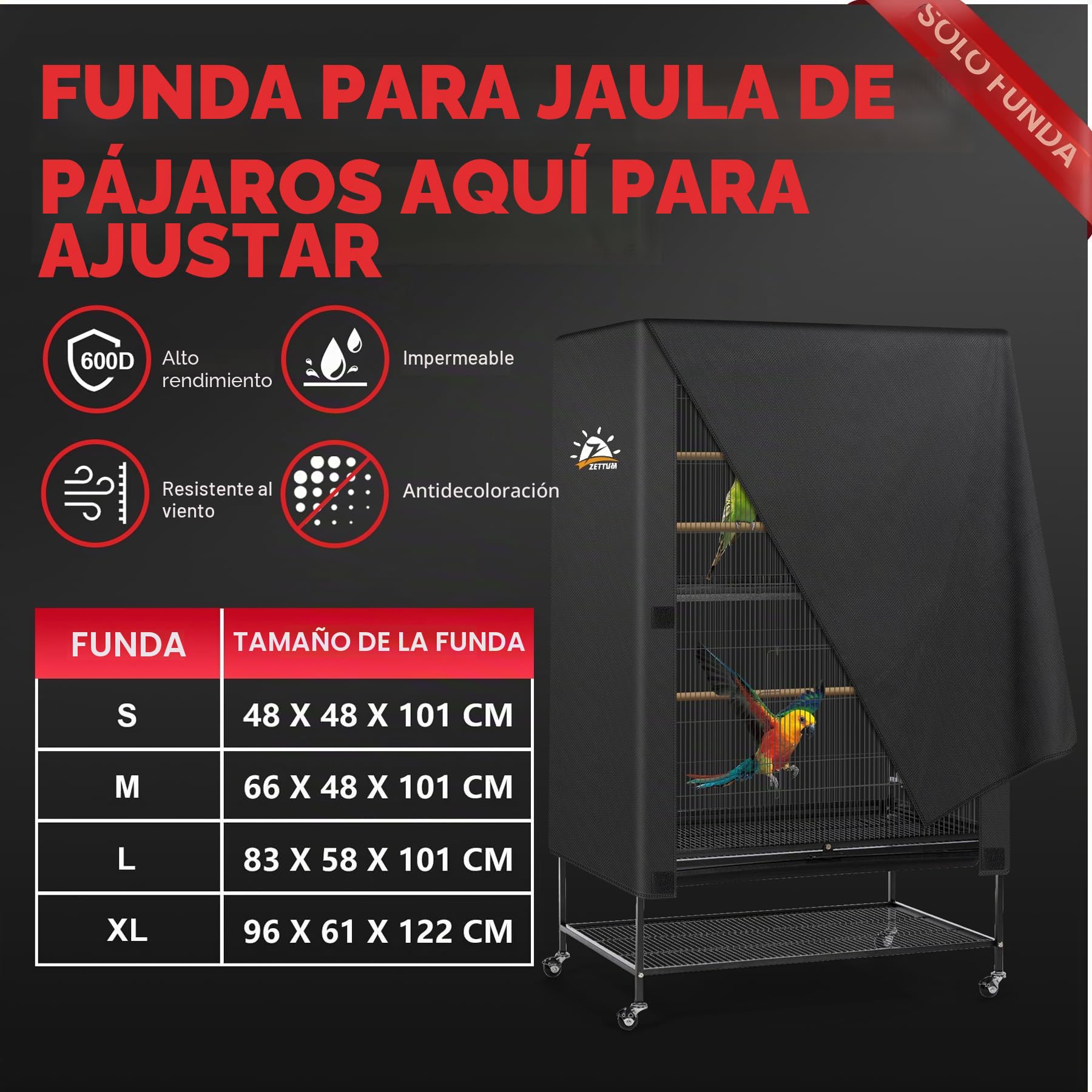 Zettum Funda para Jaula de Pájaros – Funda de Tela 600D para la Noche, Resistente e Impermeable, Accesorio Antidecoloración para Periquitos, Loros, Cacatúas y Otros Pinzones – 26 x 19 x 40 Pulgadas