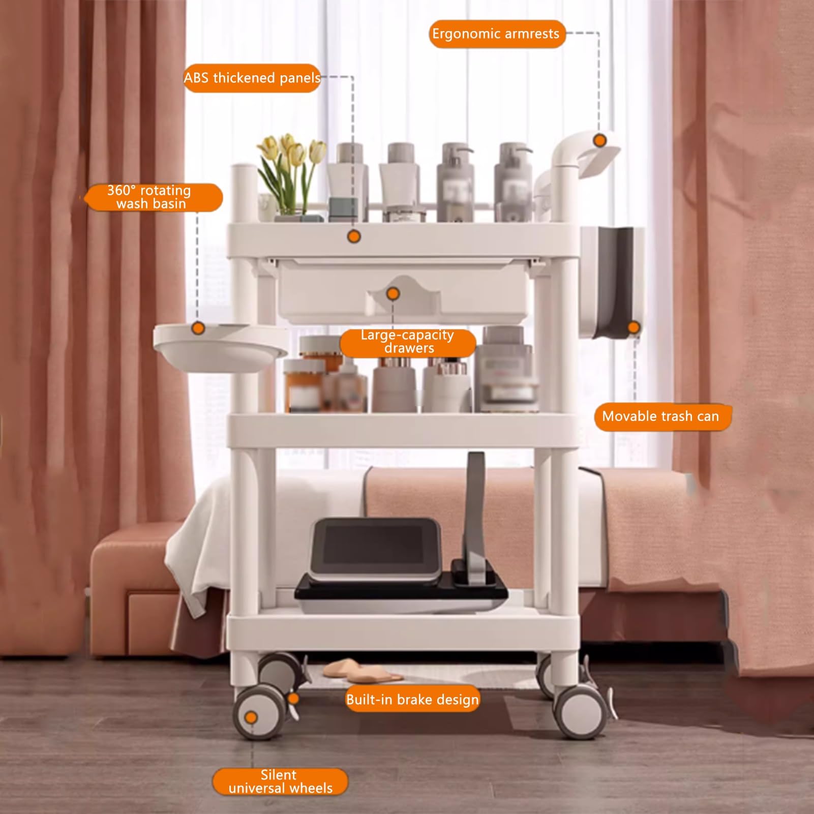 Carrito de almacenamiento y organización para salón de belleza y peluquería, carrito de herramientas empujado a mano con cajón y cubo de basura extraíble, 49 x 33 x 88 cm