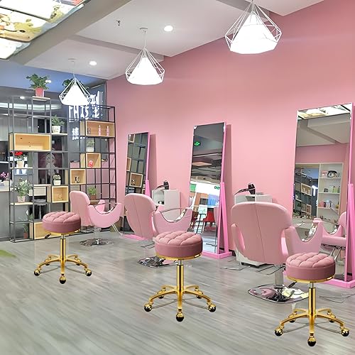 Miniatura 4 de Taburete rodante dorado con ruedas, taburete de masaje de pedicura, silla giratoria redonda de piel sintética, base dorada de titanio, altura