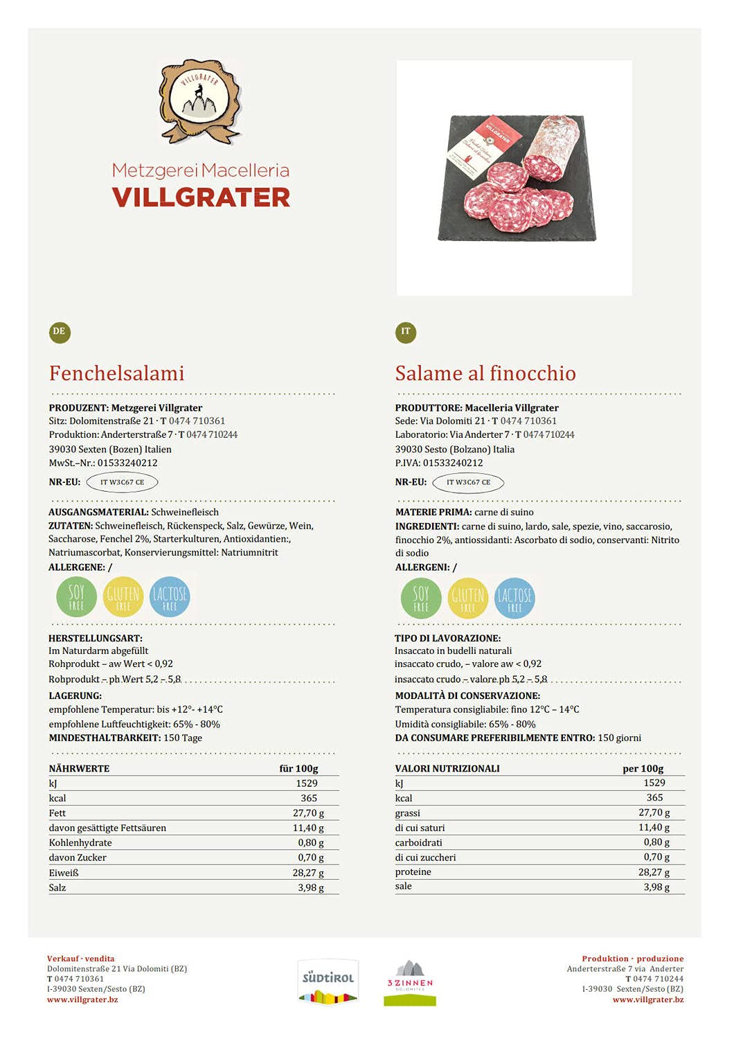 Salame al finocchio Sesto Villgrater ca. 1,8 kg