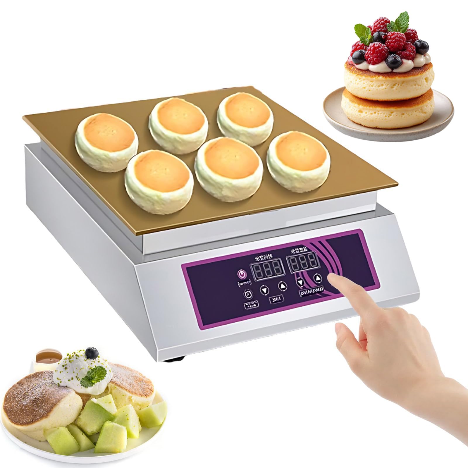 GSHSHOU Commercial Souffle Machine Electric Countertop Dorayaki Making Machine Muffin Pancake Machine Non-Stick Waffle Maker 2 Copper Heating Plates Digital Temp Control Singlehead