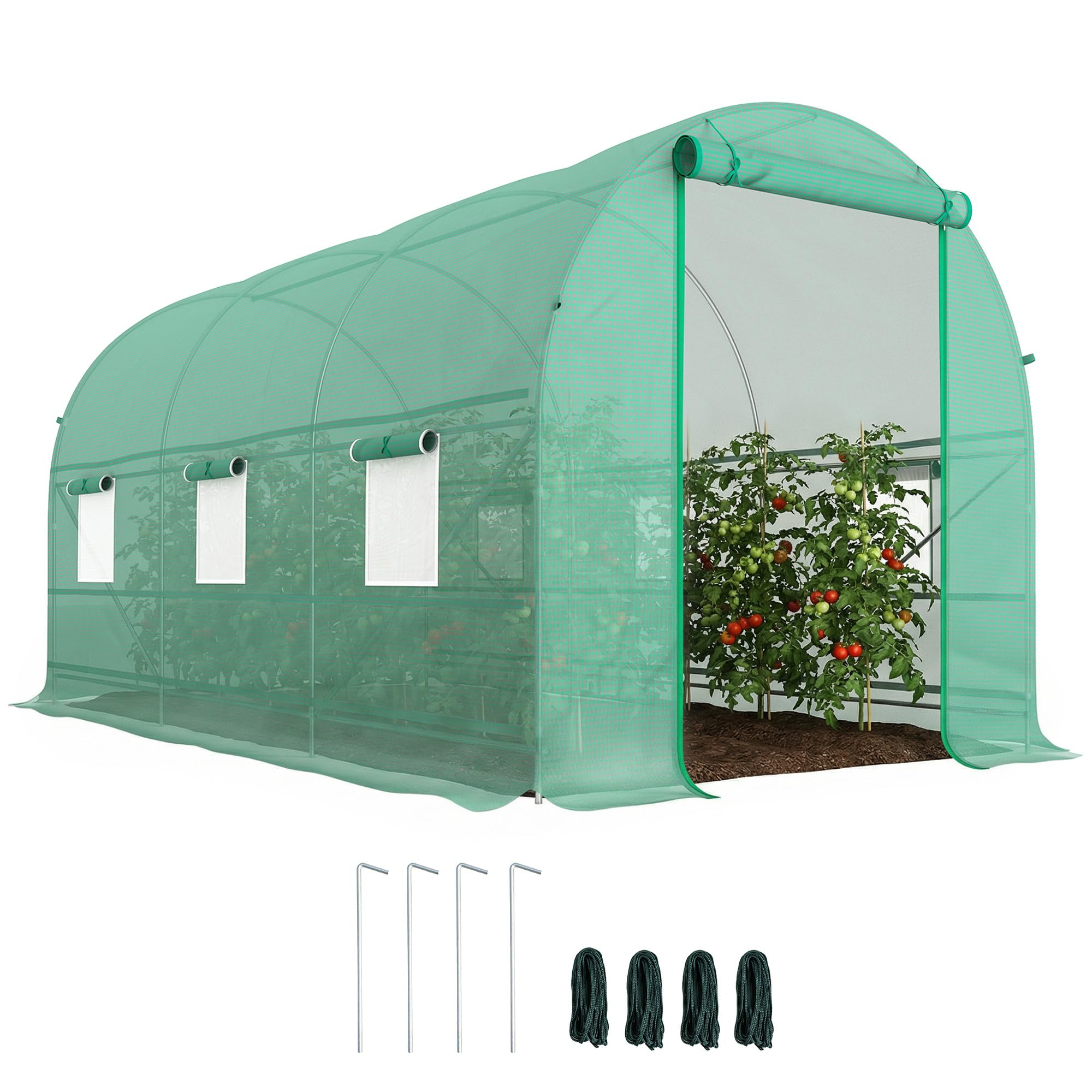 Outsunny Serra tunnel da giardino, 8 m², porta 6 finestre, 400 x 200 x 200 cm, colore: Verde | Serra da giardino Tunnel, per tutte le stagioni, frutta e fiori, copertura PE ad alta densità 140 g/m²