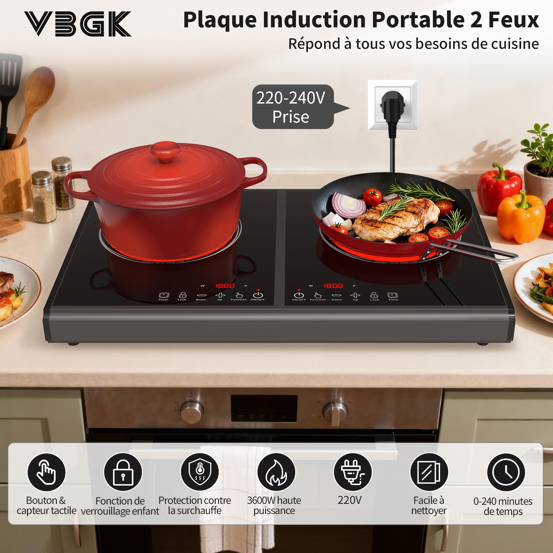VBGK plaque cuisson électrique. 220 V, 3600 W, plaque de cuisson électrique 2 feux, plan de travail avec 9 niveaux de puissance, commande tactile LED, protection contre la surchauffe