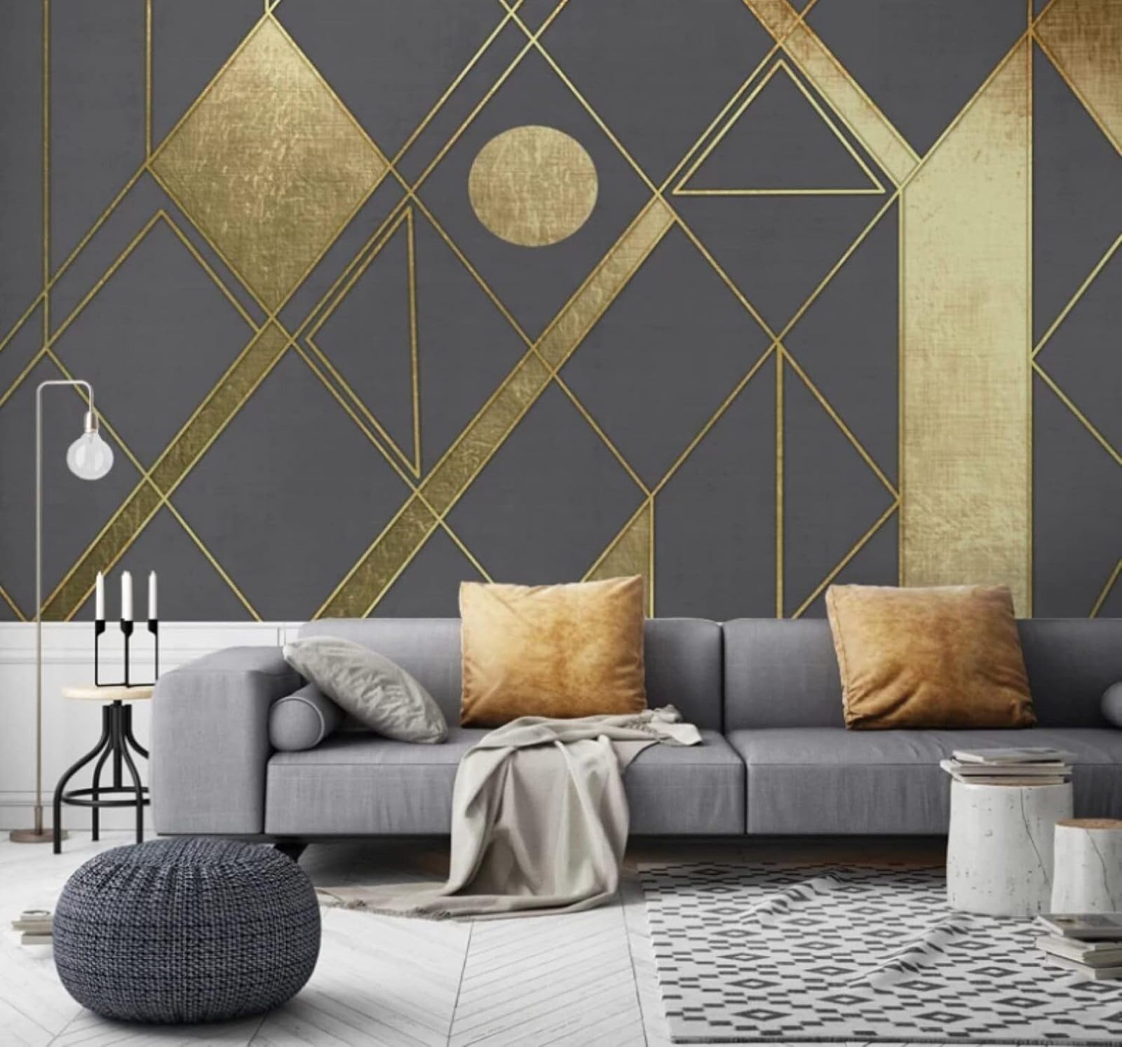 XLMING Abstract Gold Geometric Lines Art 3D Wallpaper Luxury Silk Study Dining Feature Sofa Grey Bedroom Living Room Tv Decorative Wall-150cm×105cm