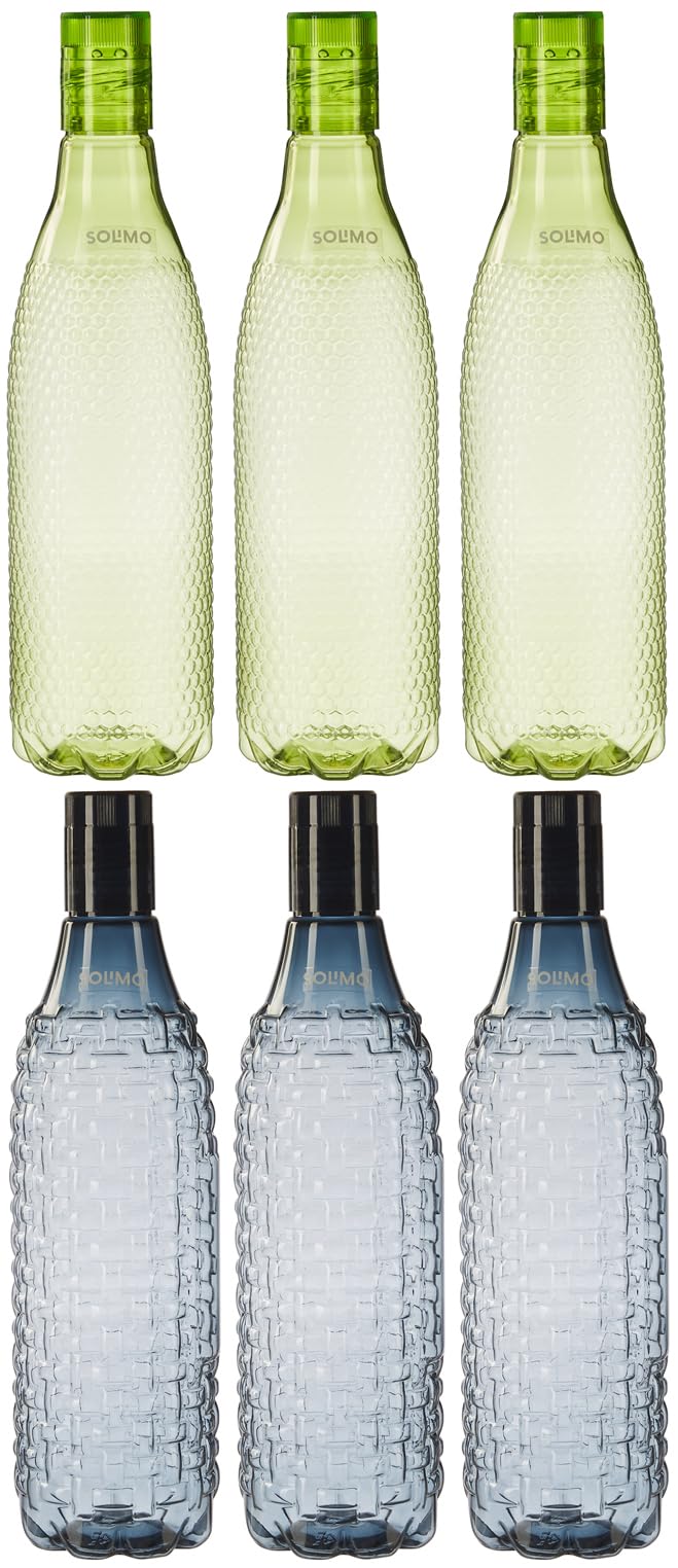 Amazon Brand - Solimo Assorted Unbreakable Plastic Water Bottle, Ideal for Fridge | BPA Free | Leak-Proof | Set of 6 | 1000 ml