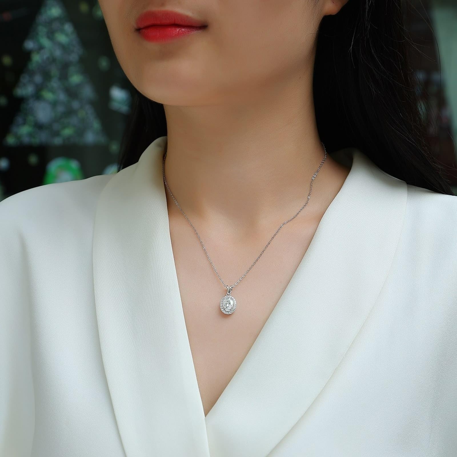 Collana in oro bianco 18 carati Au750 con moissanite ovale, ciondolo classico, 45 cm