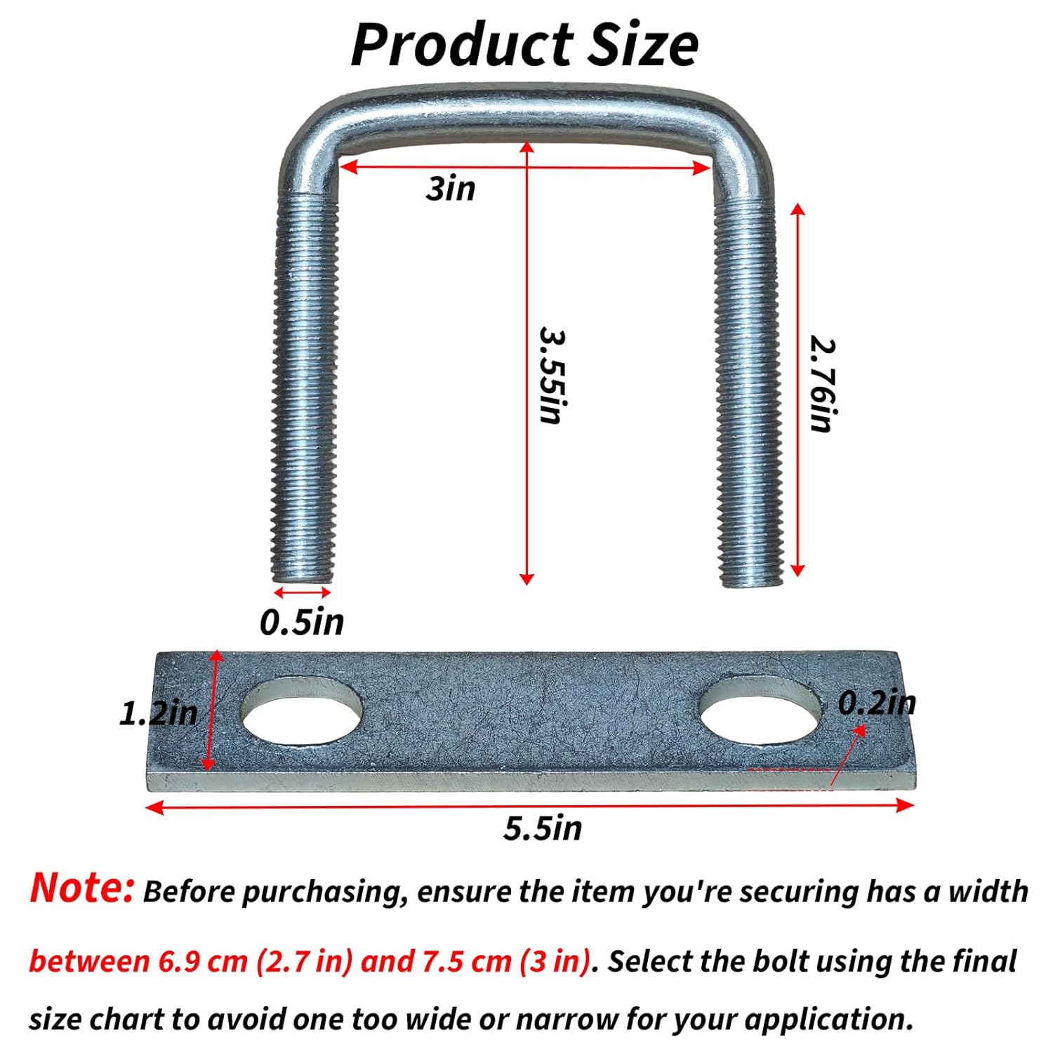 4 Pack Square U-Bolts for Trailer- Galvanized Steel Clamp Set, Fits 2/2.5/3/3.5/4 Inch Wide Leaf Springs, 0.5in Heavy Duty Large Diameter U-Bolt (3in Inner Width)