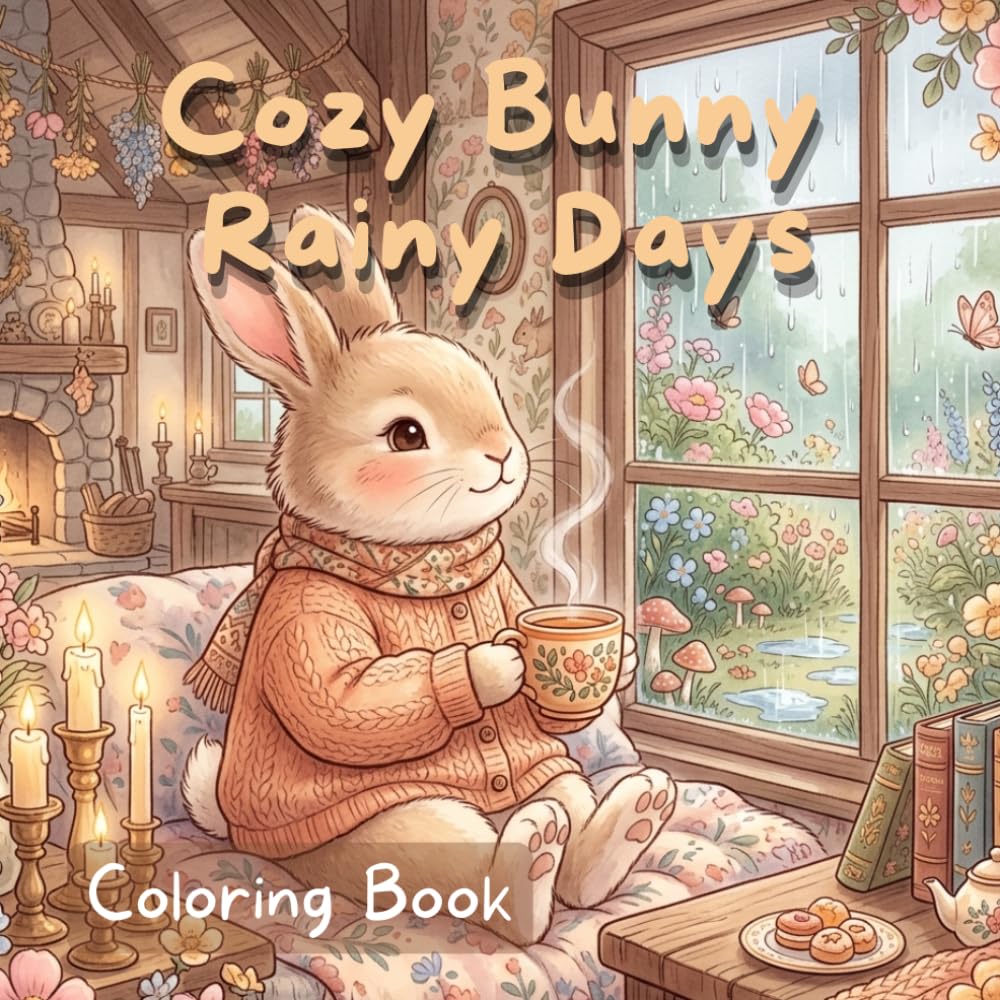 Cozy Bunny Rainy Days Coloring Book: Bold & Easy Cottagecore Coloring Pages for Relaxation