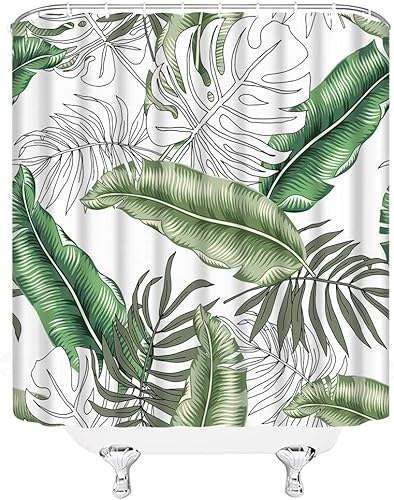 Cortina de ducha con diseño de hojas de palma tropical estilo bohemio verde y blanco hoja de plátano planta de la selva botánica abstracto moderno