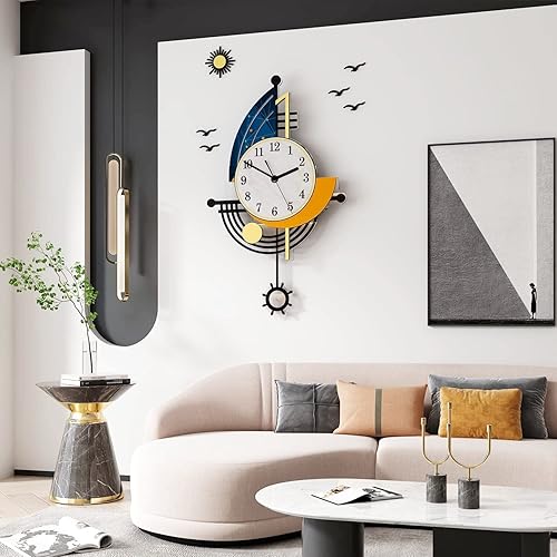 YISILE Moderno reloj de pared con pilas, de 14 pulgadas, diseño de barco, péndulo, para decoración de sala de estar, reloj silencioso 3D, calcomanía