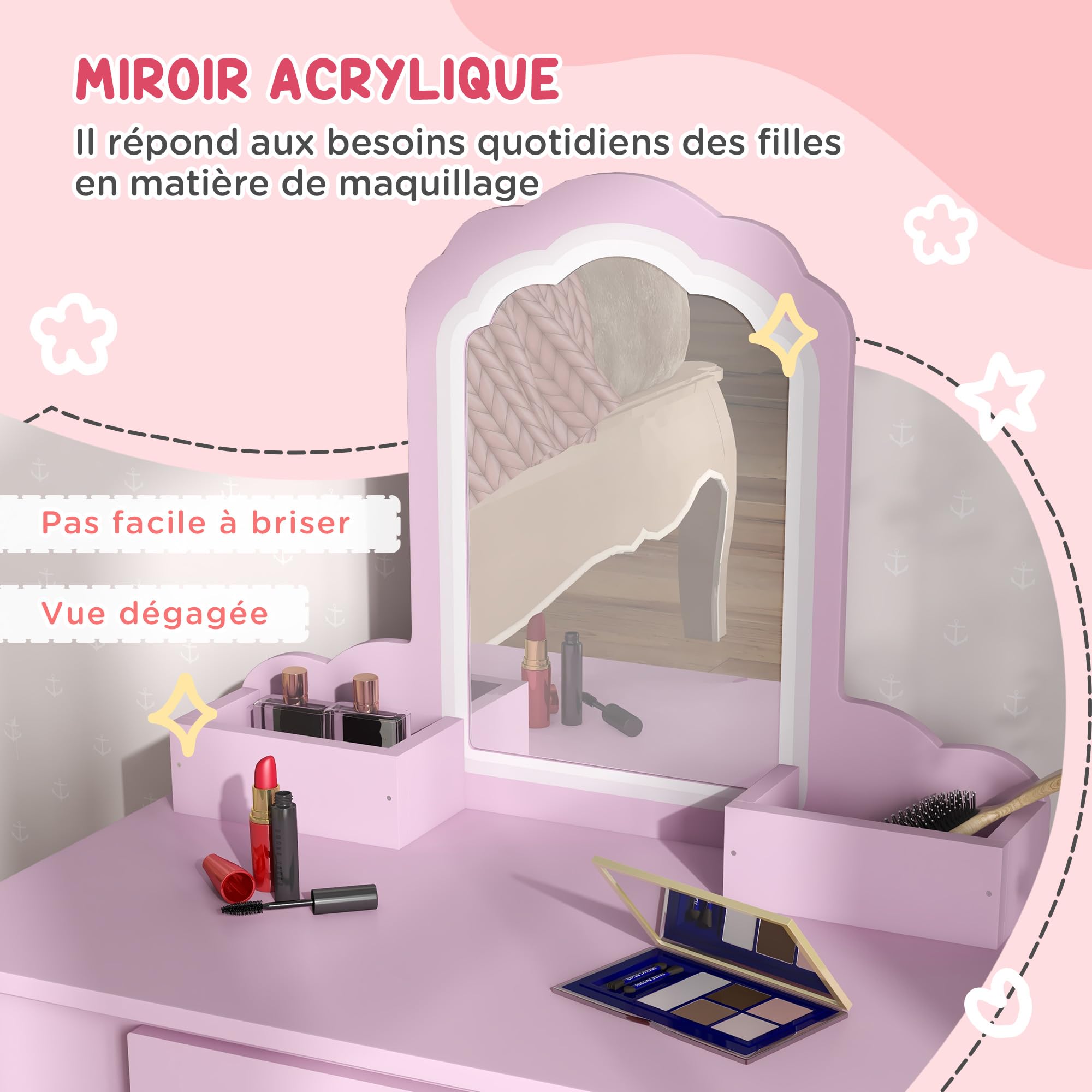 ZONEKIZ Coiffeuse pour Enfant avec Tabouret et Miroir, Petite Table de Maquillage avec tiroir et 2 Compartiments Ouverts, pour Fille de 3-6 Ans, Rose