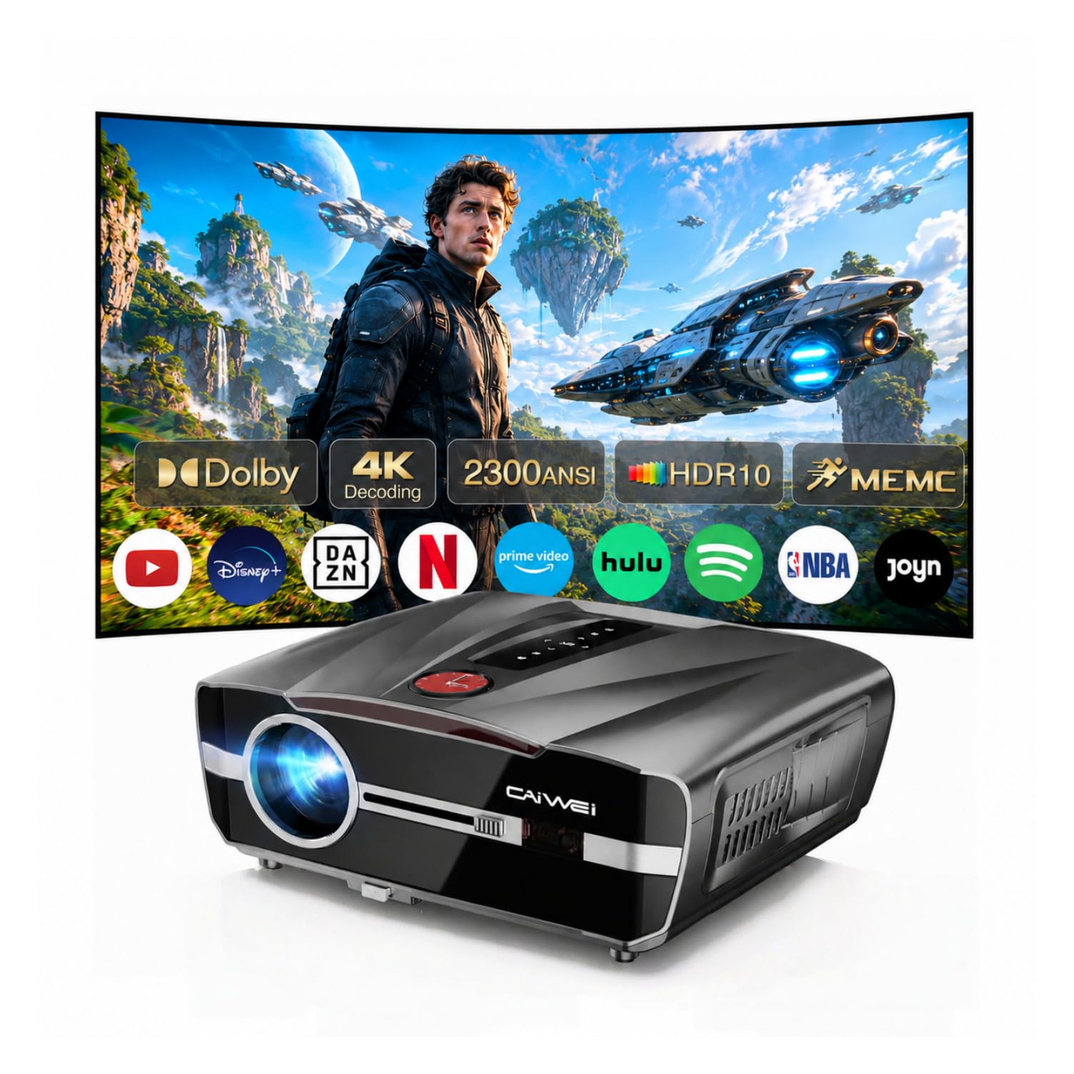 Vidéoprojecteur de lumière du jour 2300ANSI 4K Ultra HD HDR10 Projecteur intelligent de jour avec Tof Autofocus HDMI ARC/CEC 38W DB Audio WiFi6 Bluetooth 5.4 WiFi Vidéoprojecteur pour home cinéma