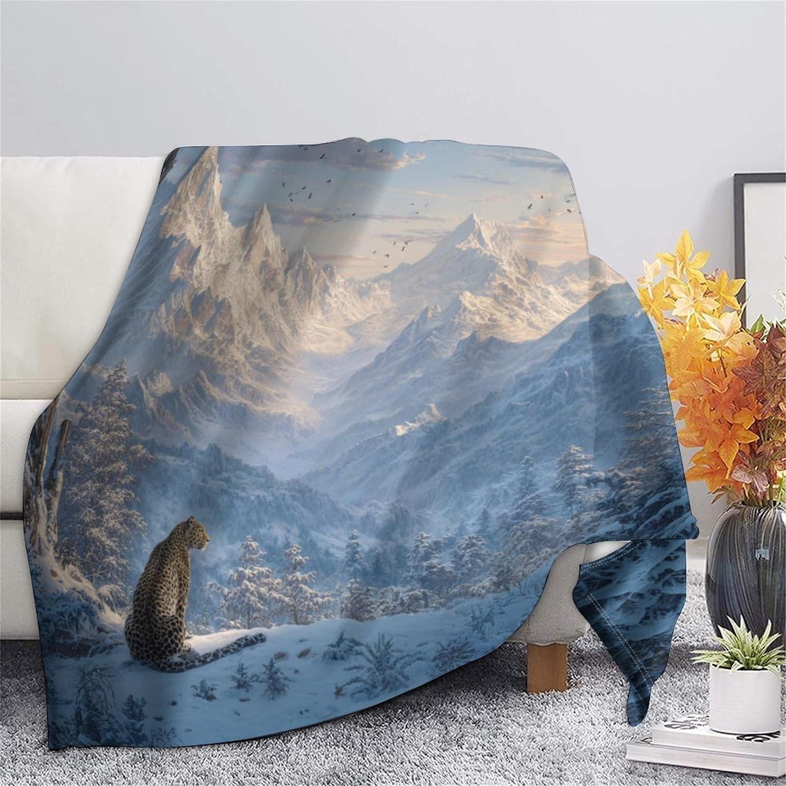 Leopardoo in The Snow Looking at The Mountains Manta Estampada 3D Colcha De Diseño Ropa De Cama De Microfibra Suave Y Cálida Sofá Ropa De Cama 80x90inch(200x230cm)