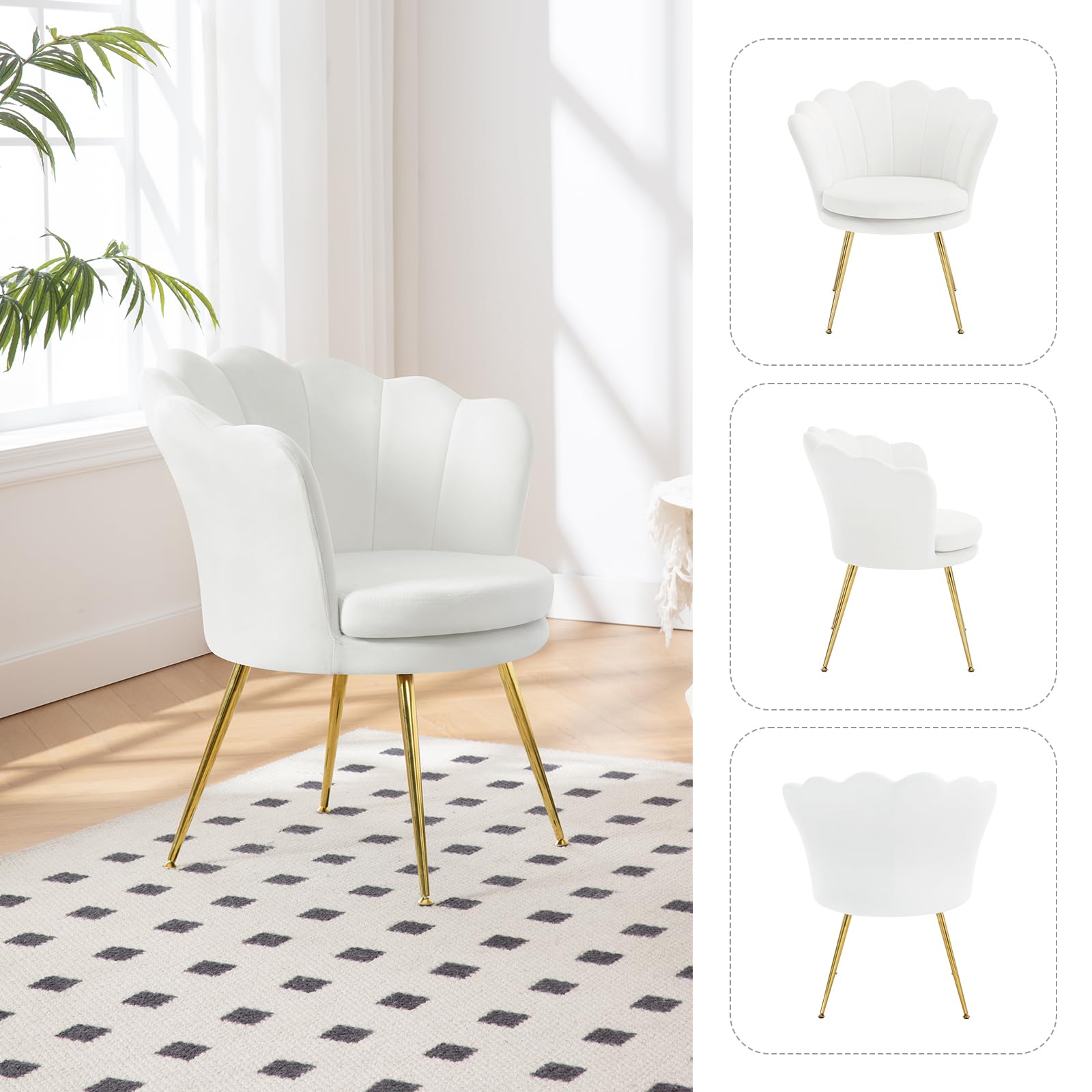 WOLTU Fauteuil Salon, Fauteuil Coquillage, Dossier en Forme de Pétale, en Velours, Pieds en Métal, Blanc, SKS49ws