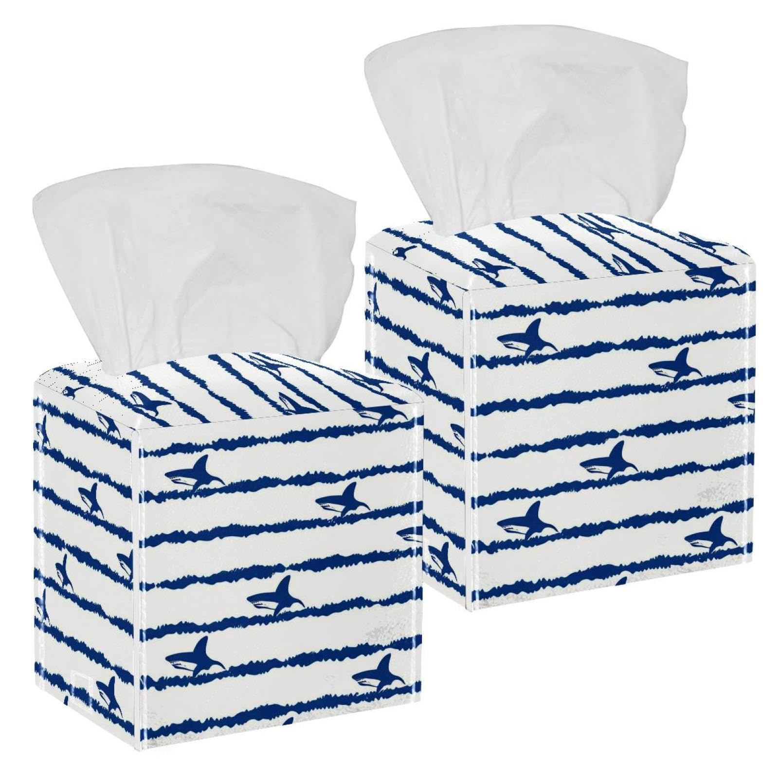 Cartoon Sharks Tissue Box Cover, 2 Pack PU Leather Square Facial Tissue Dispenser Box holder for Home Office Car