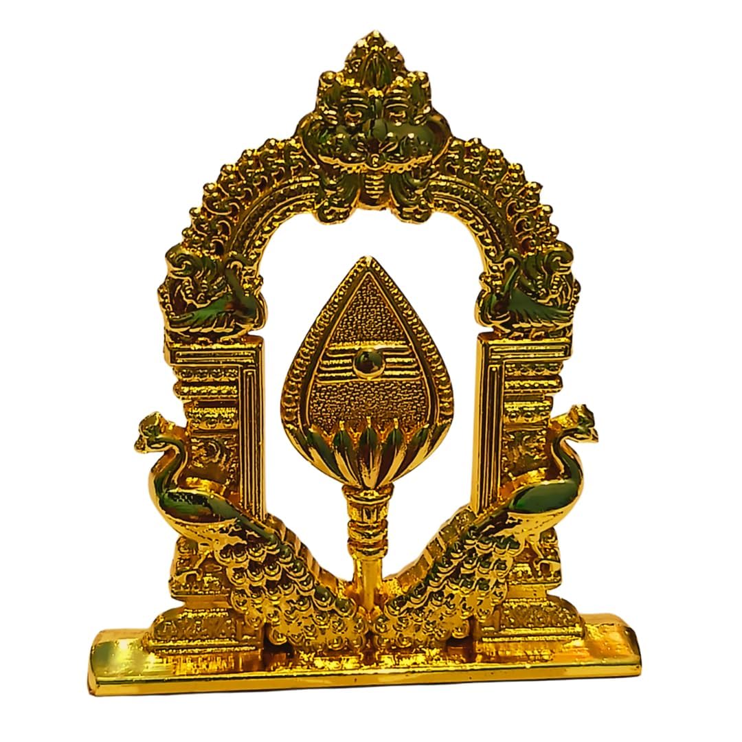 Generic RSGM Murugan Vel with Peacock and Arch (Small Size, Golden Color) | Lord Murugan Vel Peacock with Arch Idol for Car Dashboard, Pooja Room & Office Room