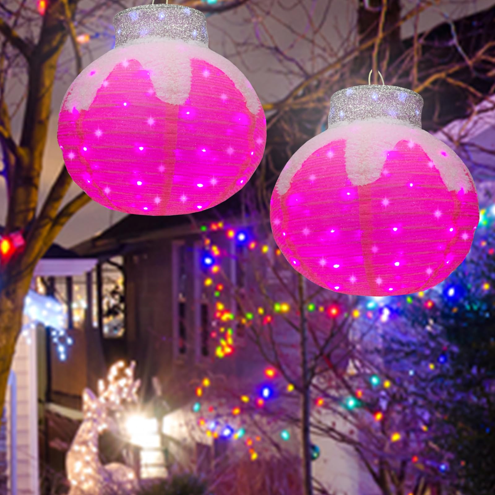 Lighted Christmas Balls Outdoor Decorations, 2pcs Pop-Up Pink Christmas Décor Balls Prelit 160 Lights with Flashing Effects, Collapsible Light Up Hanging Lanterns Plug-in for Home Yard Party-Pink: Pink white ornament set