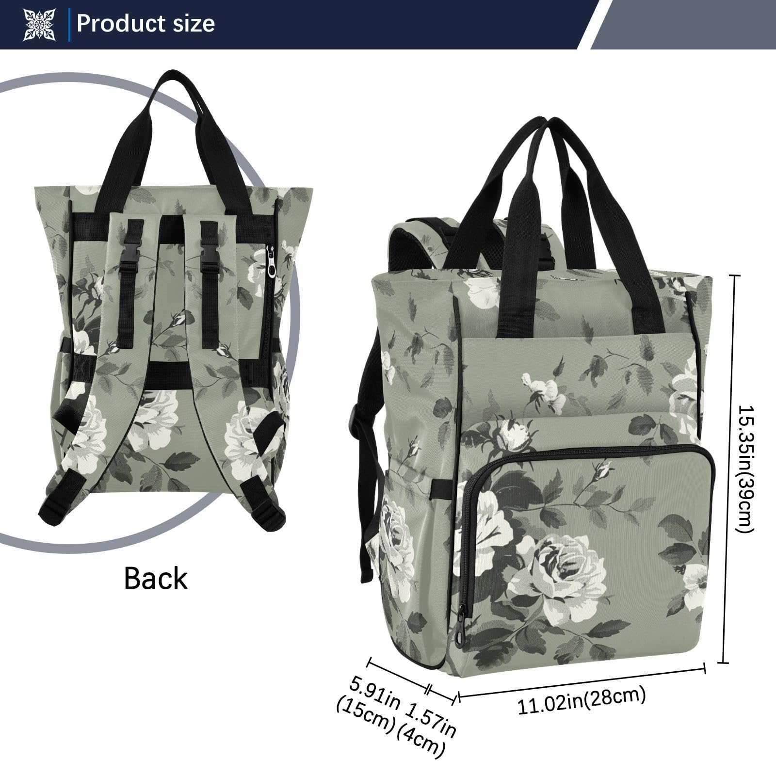 Baby Essentials torba na pieluchy vintage róże oliwkowa zieleń