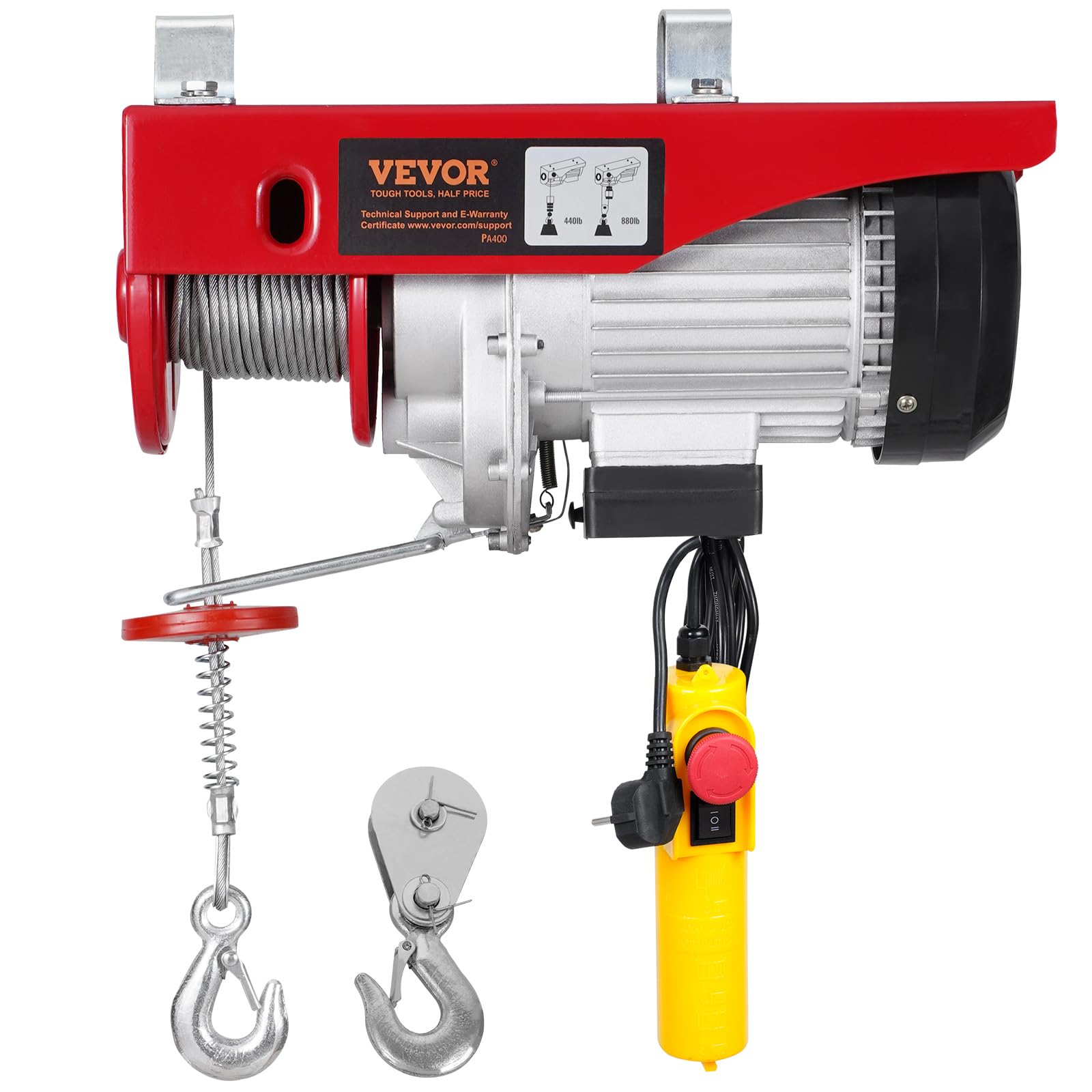 VEVOR Palan Électrique, Charge Double Câble 400 kg, Télécommande Filaire 4,​2 m, Hauteur Levage à Câble Simple 12 m, Élingue Simple Double, Arrêt d'Urgence, Palan Élévateur pour Garage, Entrepôt, Usine