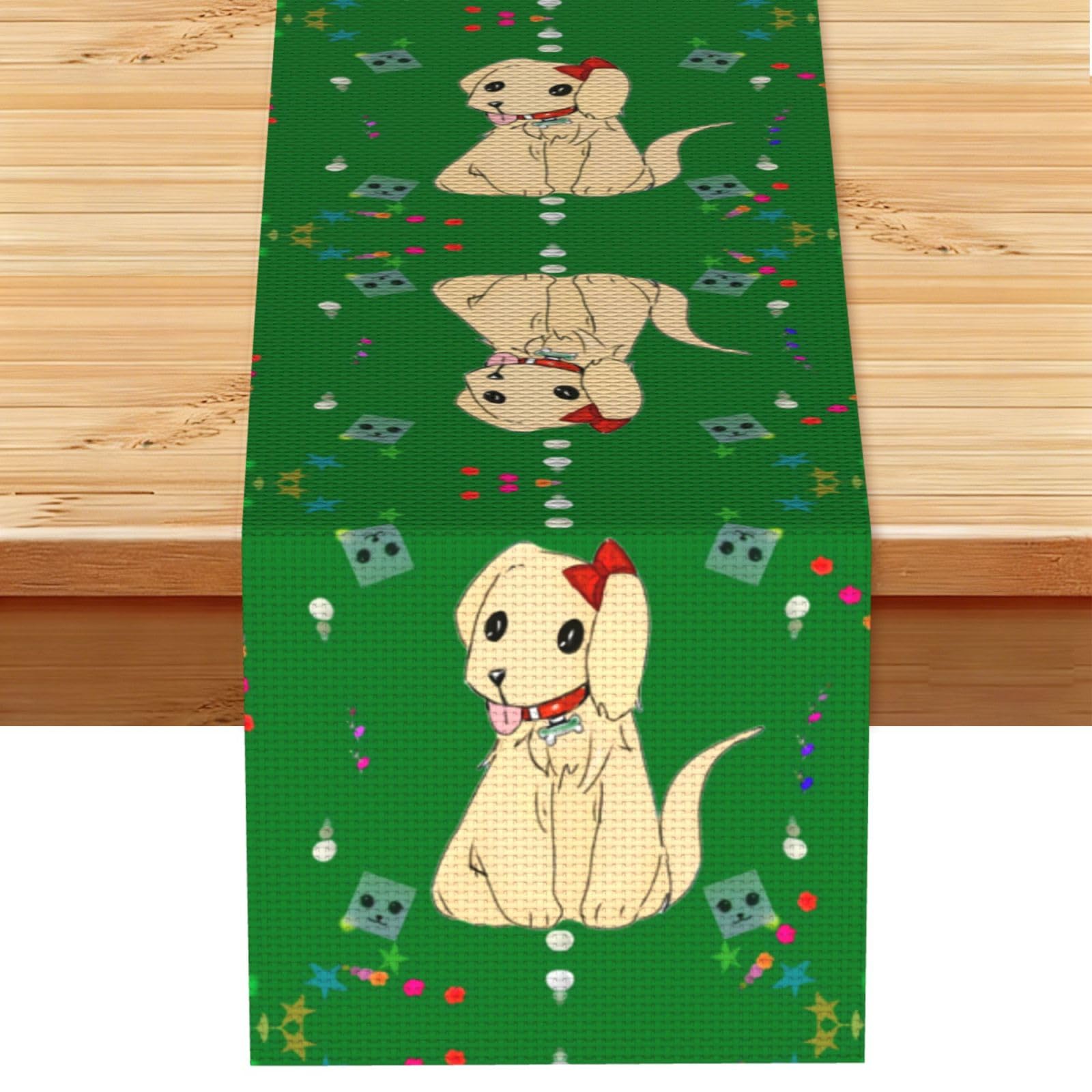 Cartoon dog on grass Linen Feel Table Runner Wedding Party Home Decoration