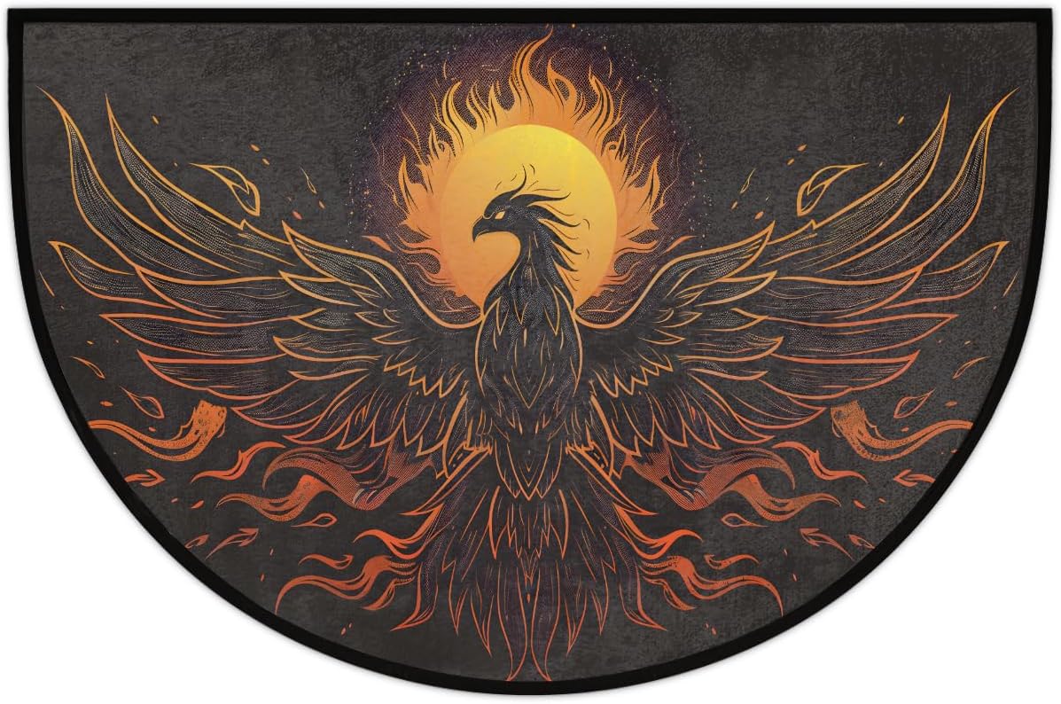 Retro Phoenix Gold Half Round Door Mat Non Slip Washable Semi Circle Area Rug Absorbent Soft Half Moon Rug Floor Mat for Indoor Outdoor Kitchen Bathroom Patio Front Door Mat Decor