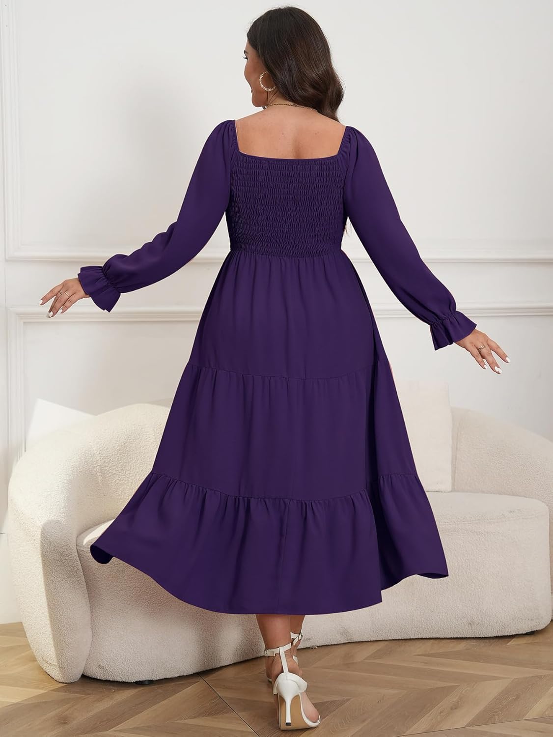 Womens Plus Size Flowy Maxi Dress Long Sleeve Square Neck Smocked A Line Formal Long Dresses for Women Wedding Guest - Image 2