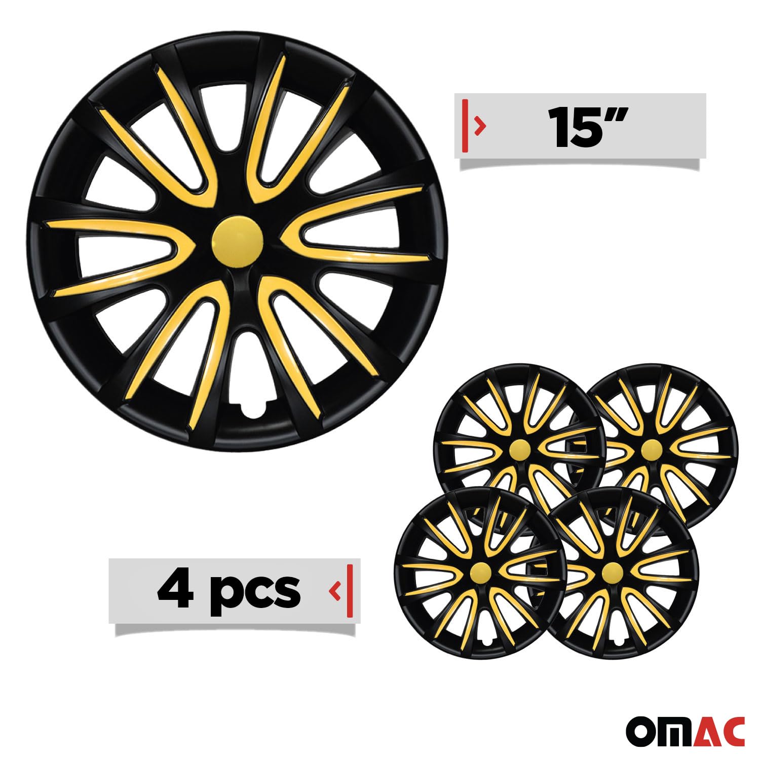 OMAC 4X Radkappen Radzierblenden Radblenden 15" Zoll Stahlfelgen Matt Schwarz-Gelb