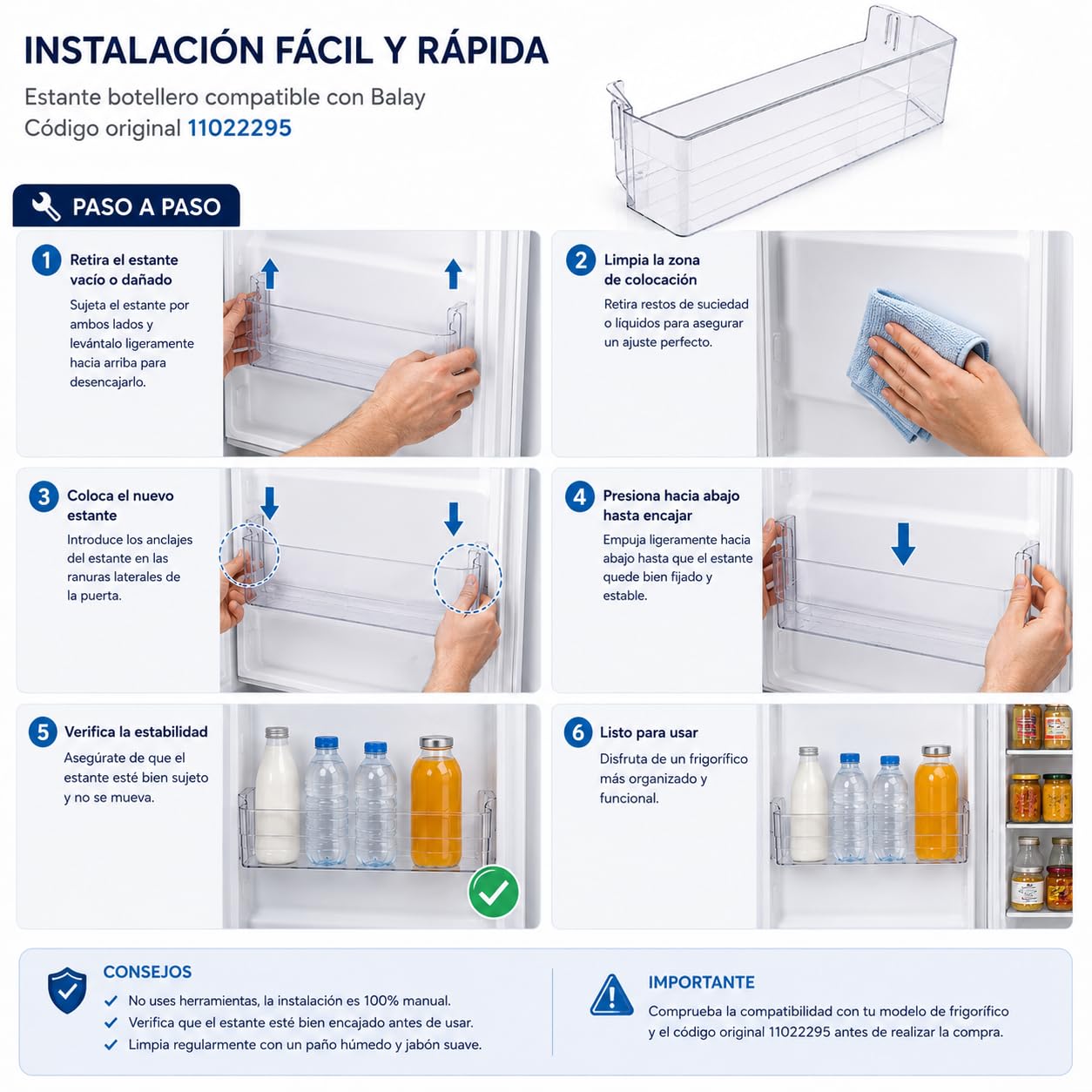CABLEPELADO - Estante Botellero Frigorífico Compatible con Balay (46.5 x 10 x 12.5 cm) | Bandeja Inferior para Botellas | Recambio Código Original 11022295