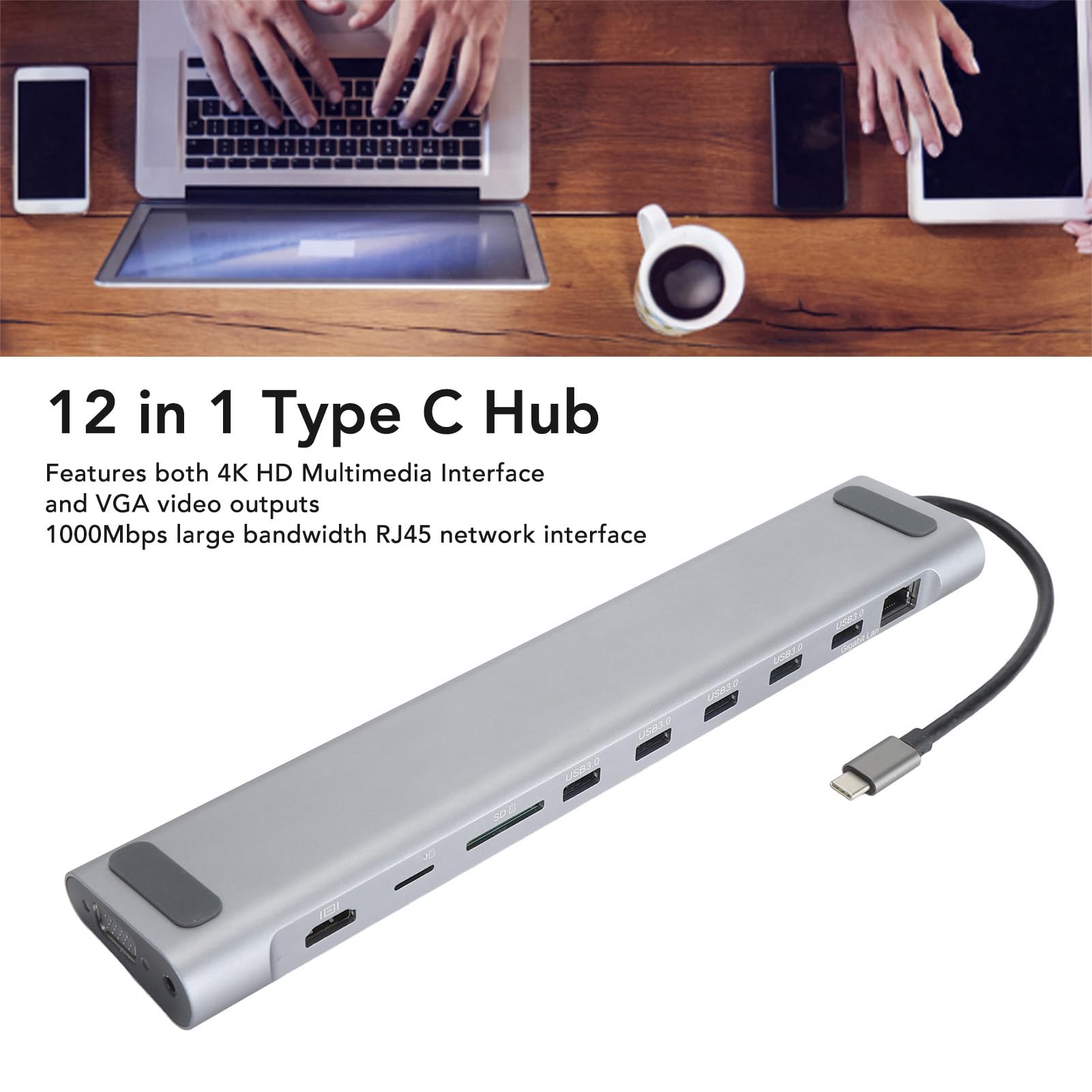 Adaptador Multipuerto 12 en 1 USB C Hub, Interfaz Multimedia 4K HD,
