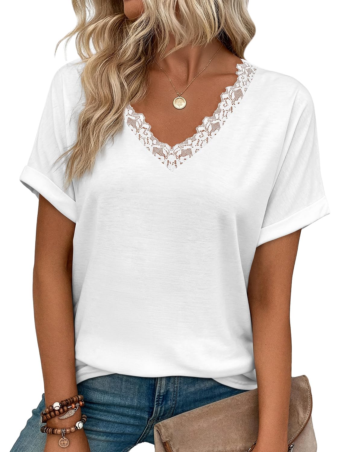 JUSTFASHIONNOW Womens Summer Tops Short Rolled Sleeve V Neck Tshirts 2026 Casual Dressy Business Work Blouses