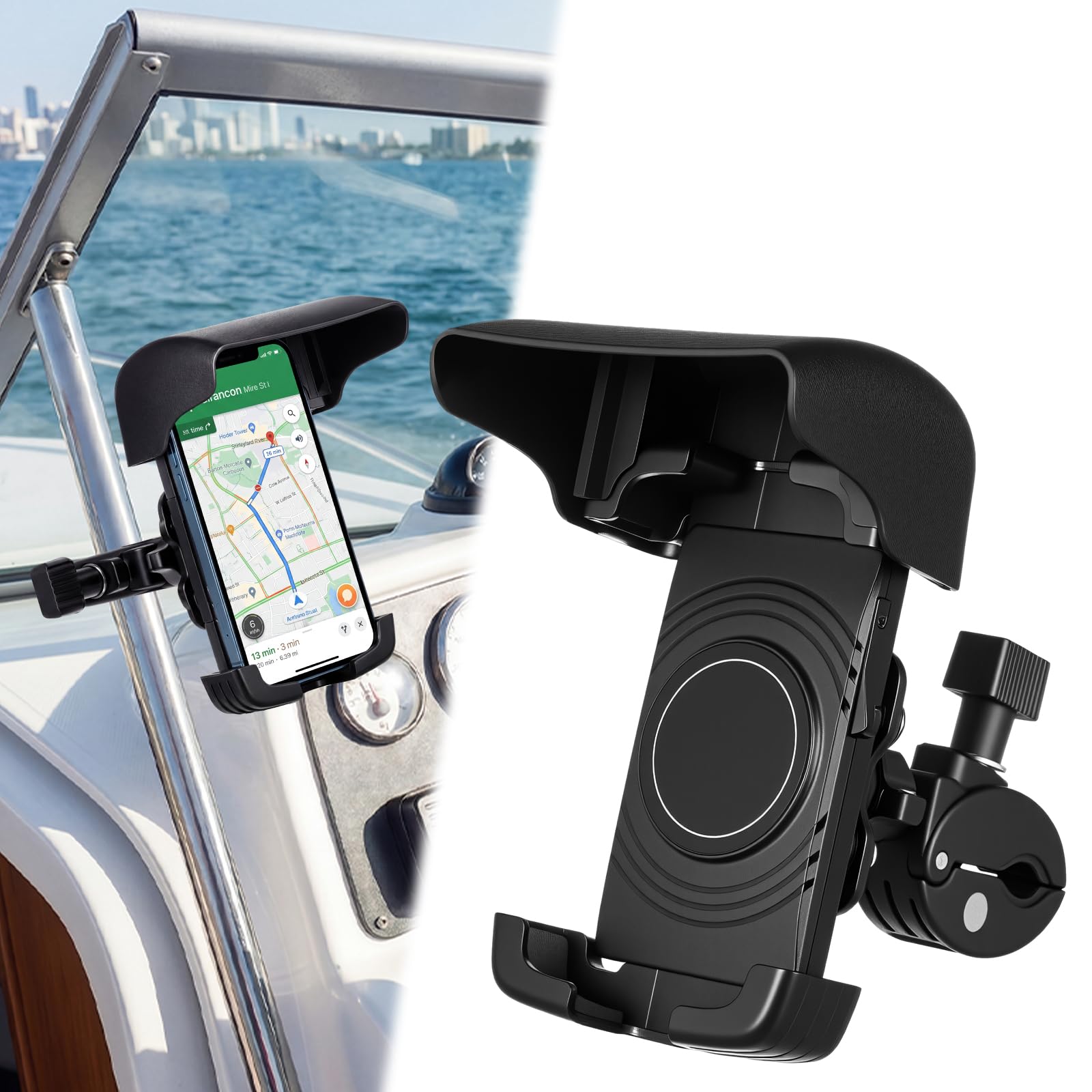 Tellegloww 1 supporto per telefono da barca, supporto per telefono cellulare con parasole, nero regolabile a 360 gradi, morsetto a granchio, accessorio per smartphone, per barca, auto, ciclismo
