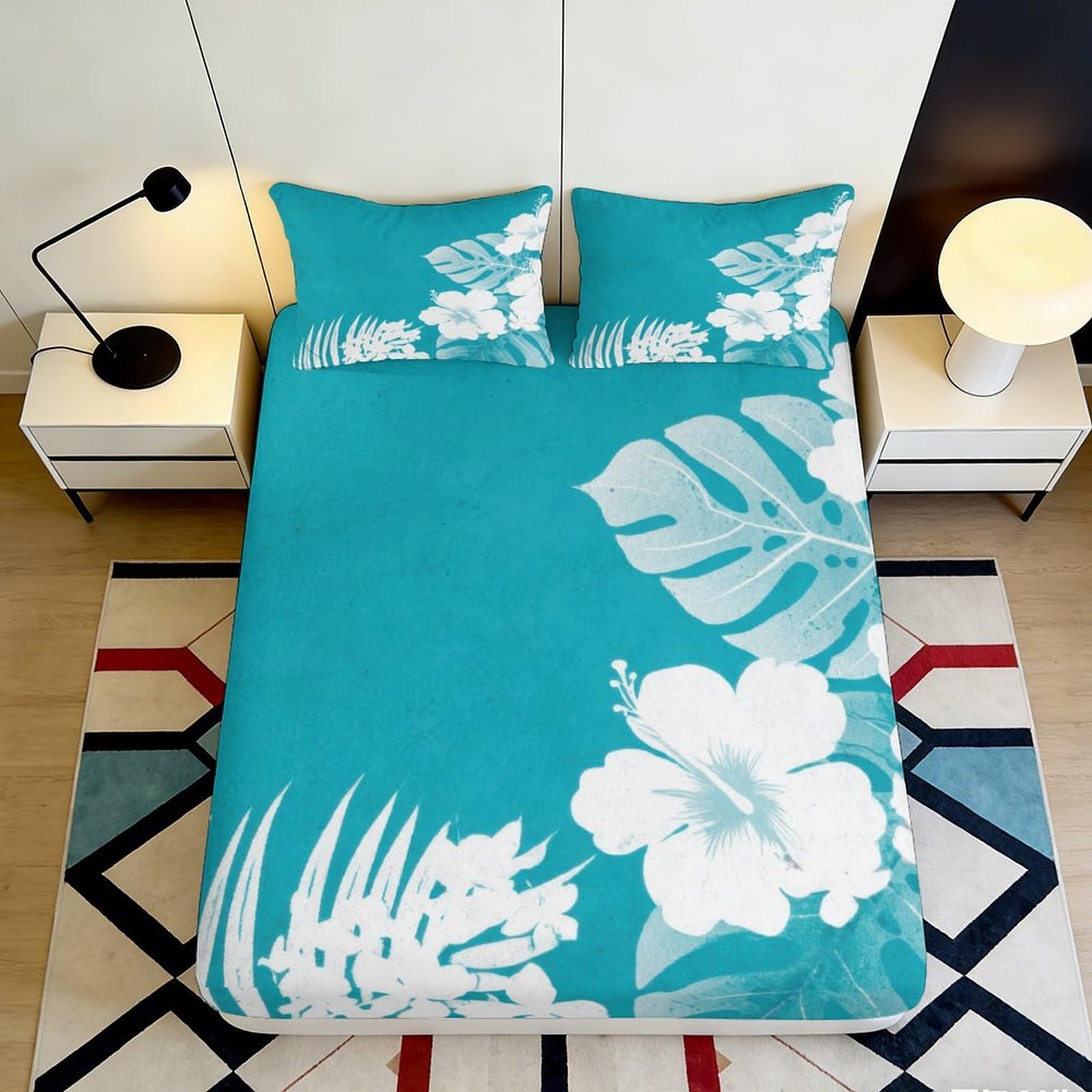 3D Printed Tropical Hibiscus Fitted Sheet Microfiber Anti-Slip Blue Monstera Bed Cover for Bedroom Decor Easy Care 120x200x25cm