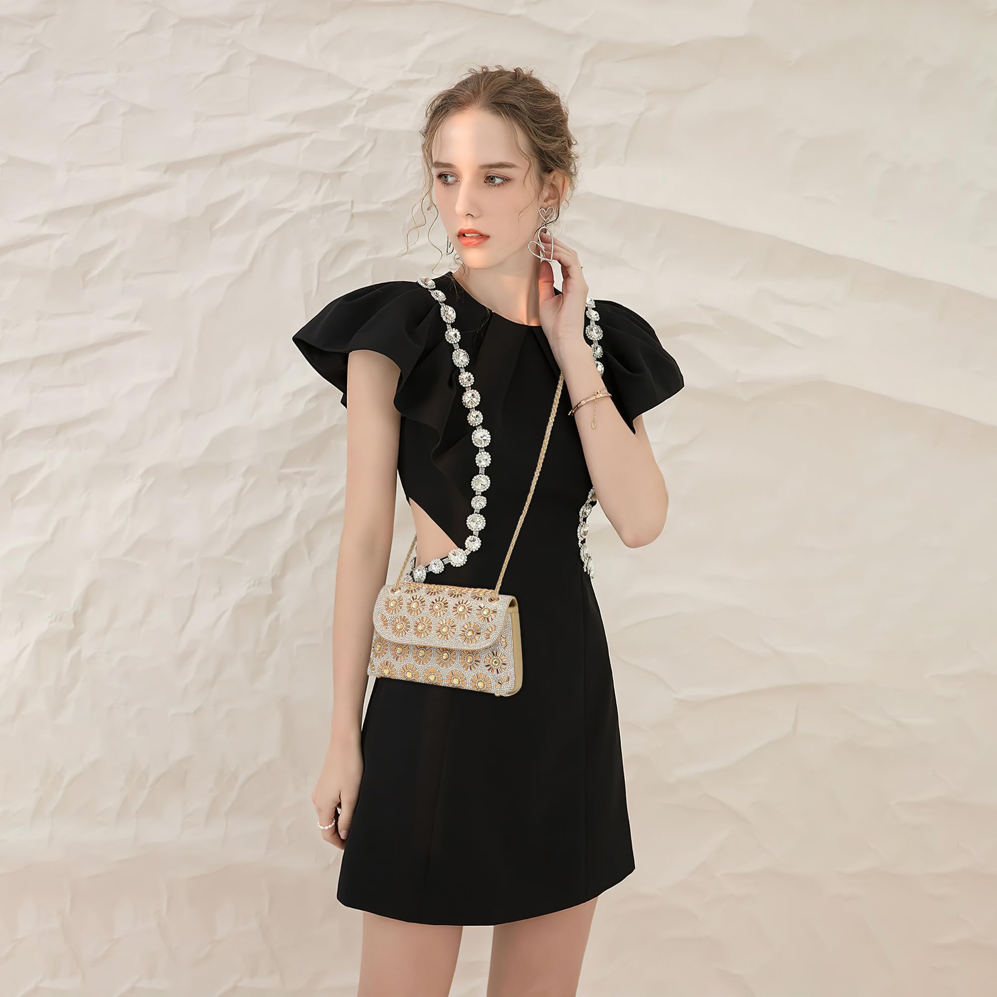 Borsa a Tracolla da Donna Moda Con Cinghia a Catena e Strass - Messenger Impermeabile in PU per Festa, Shopping e Viaggio - Oro