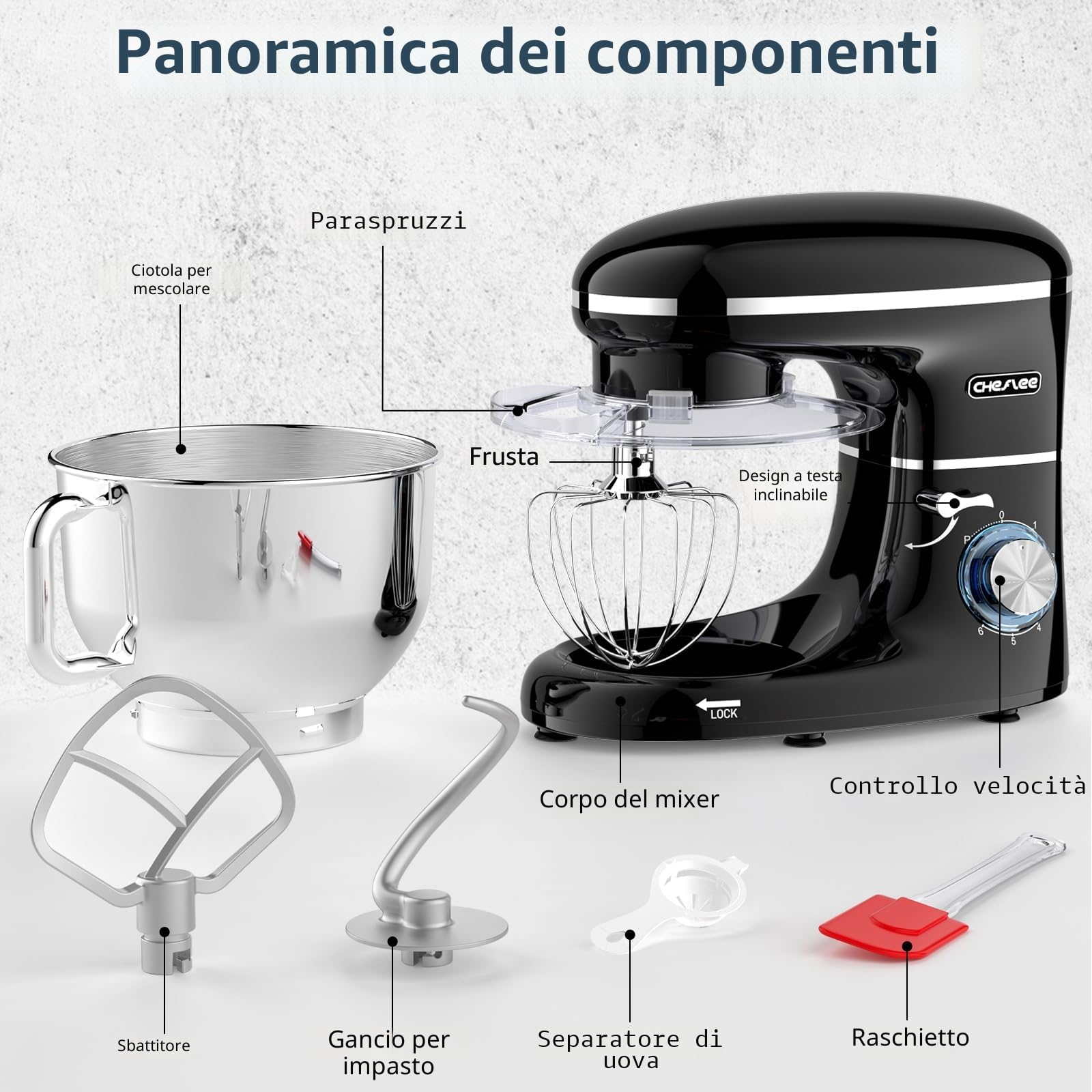 CHeflee Impastatrice Planetaria,2000W Robot da Cucina Multifunzione,6.2 L Ciotola in Acciaio inox,con Frusta,Gancio per Impastare,Frusta per Dolci,6 Velocità Impastatrice Professionale