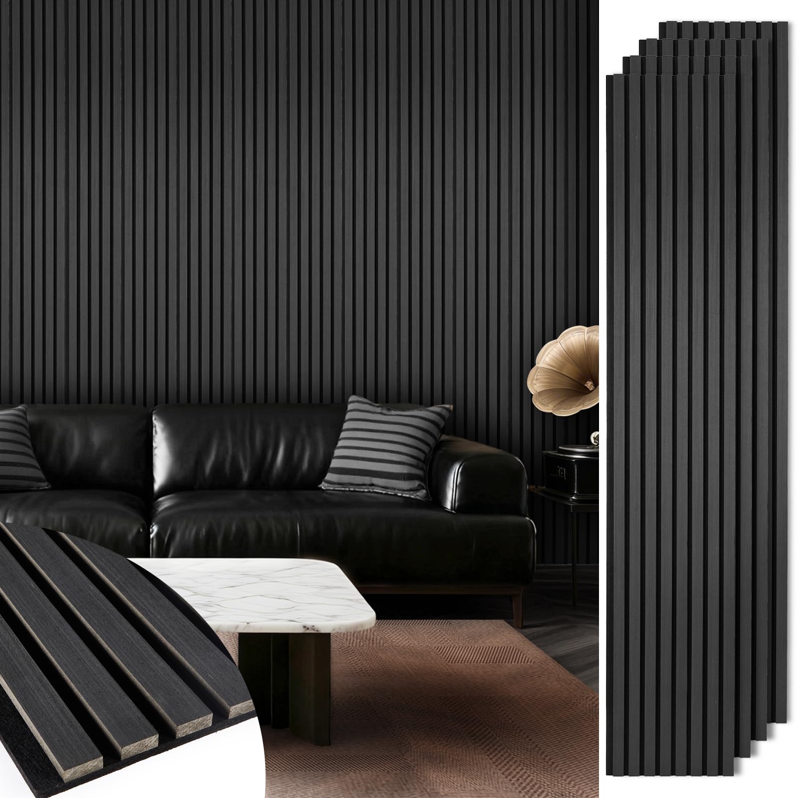 (2) Acoustic Wood Slat Panels 4 Pack 106" x 12.6", Soundproof Wooden Wall Panels, 3D Fluted Panel for Interior Wall Decor, Living Room, Bedroom - Black (Cover Approx. 37 sq.ft)