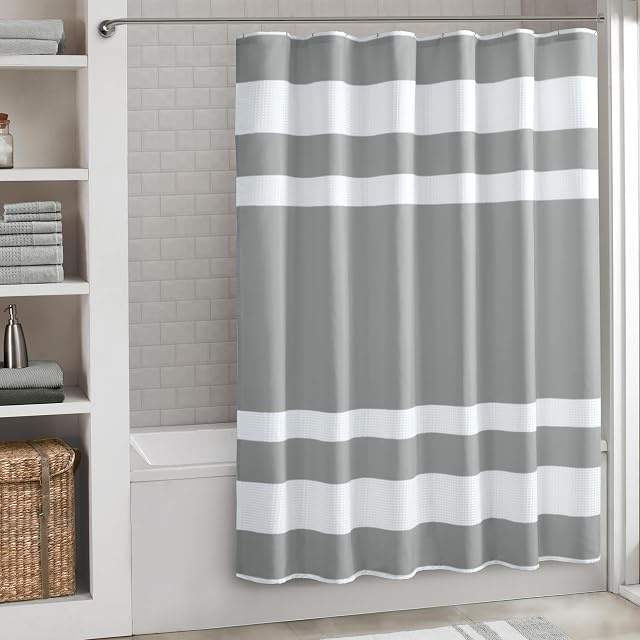 Madison Park Madison Park Spa Waffle Weave Long Shower Curtain, 72 x 78, Grey | Striped, Pieced Fabric Design, 3M Scotchgard Moisture Management, Hotel Quality, Modern, for Bathroom, OEKO-TEX Certified, Stripe Grey, 72"W x 78"L (Pack of 1)