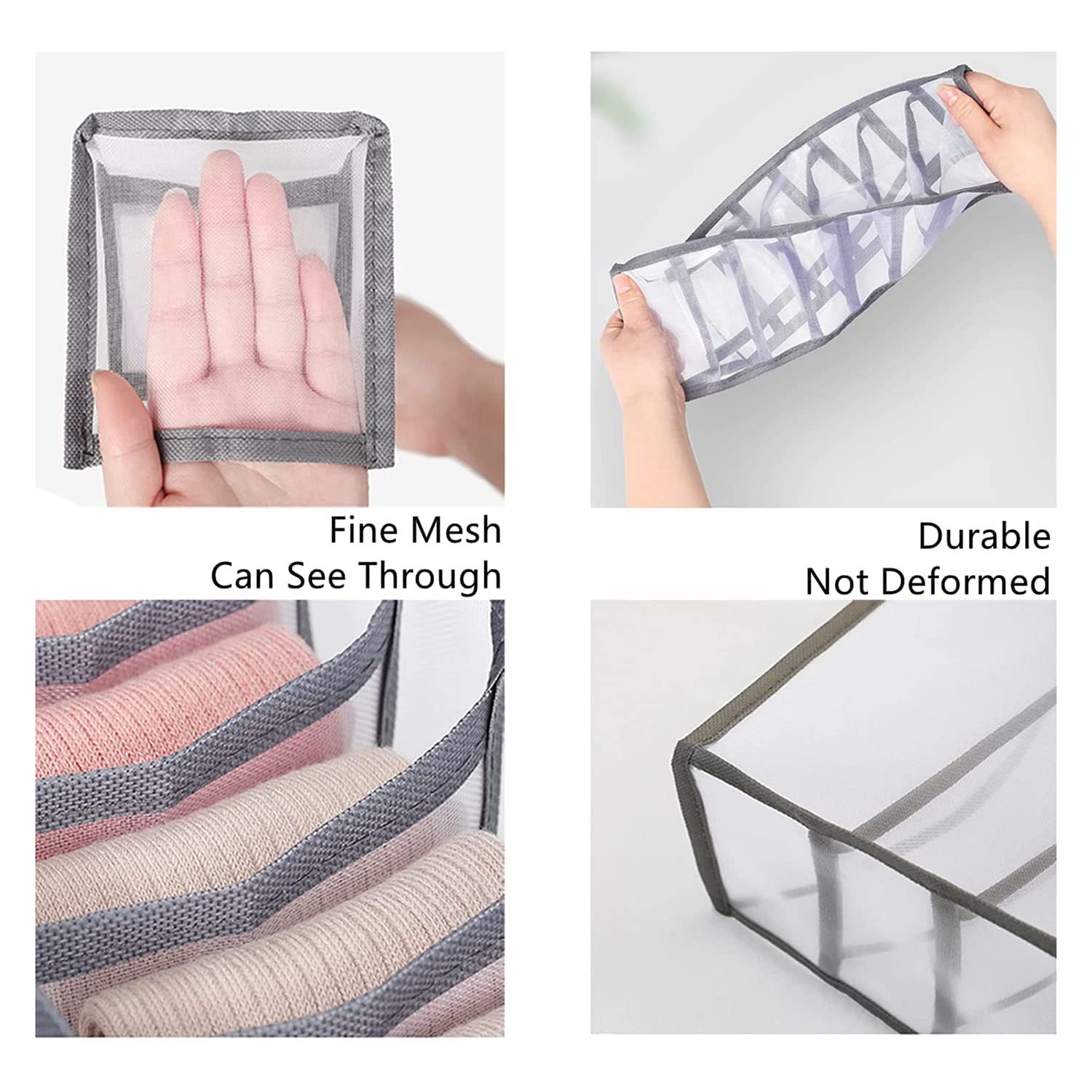 Sanchezeo 4 Set Underwear Drawer Organizer Sock Organizer,Foldable Nylon Mesh Closet Organizer Dresser Organizer - Gray