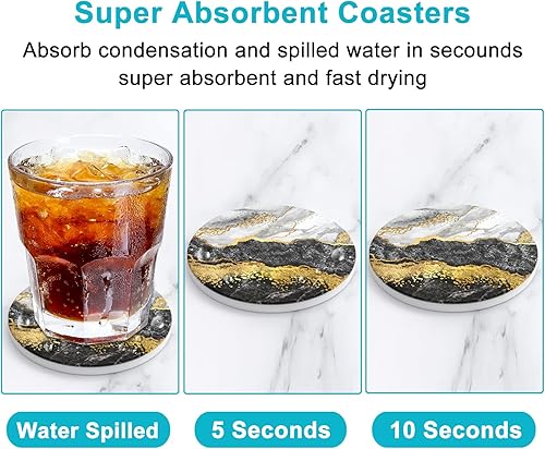 Miniatura 9 de Nipichsha Juego de 6 posavasos de cerámica absorbente estilo mármol con soporte y base de corcho, bonitos posavasos de piedra para tazas, cocina,