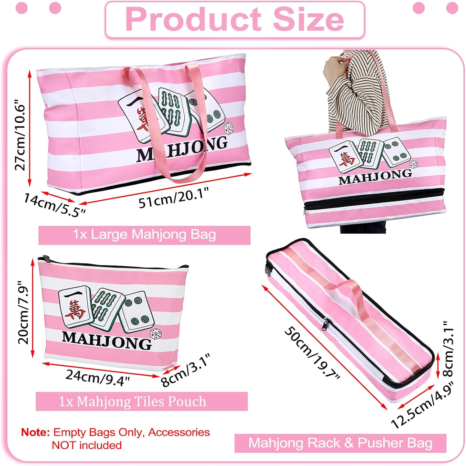Empty Mahjong Bags Set of 3, Mahjong Carrying Storage Bag for Tiles and Racks, Fabric American Mahjong Accessories Organizer with Zippers, Portable Mahjong Tile Case for Game Party Gathering