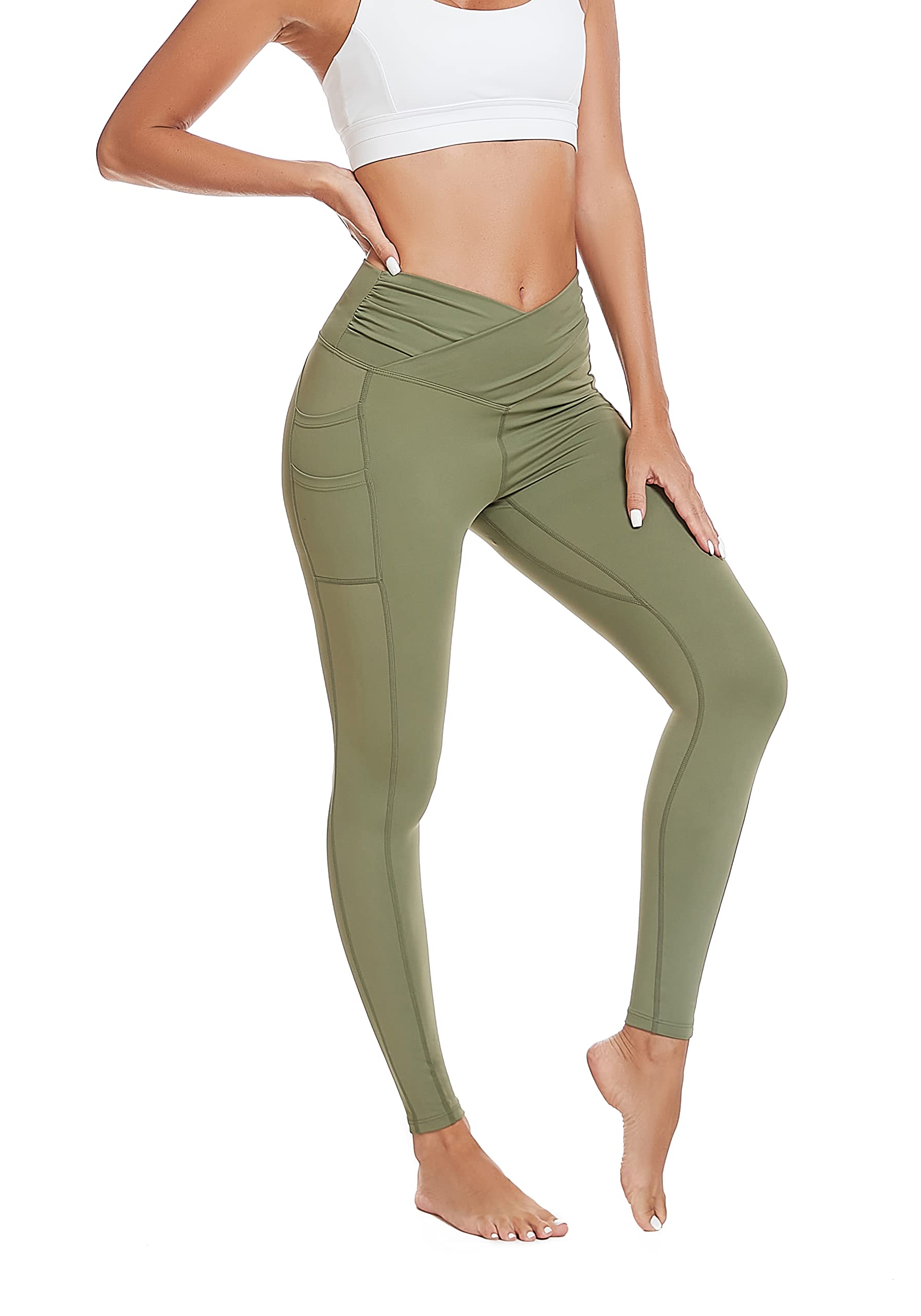 RIOJOY Women Crossover Leggings High Cross Waisted Tummy Control