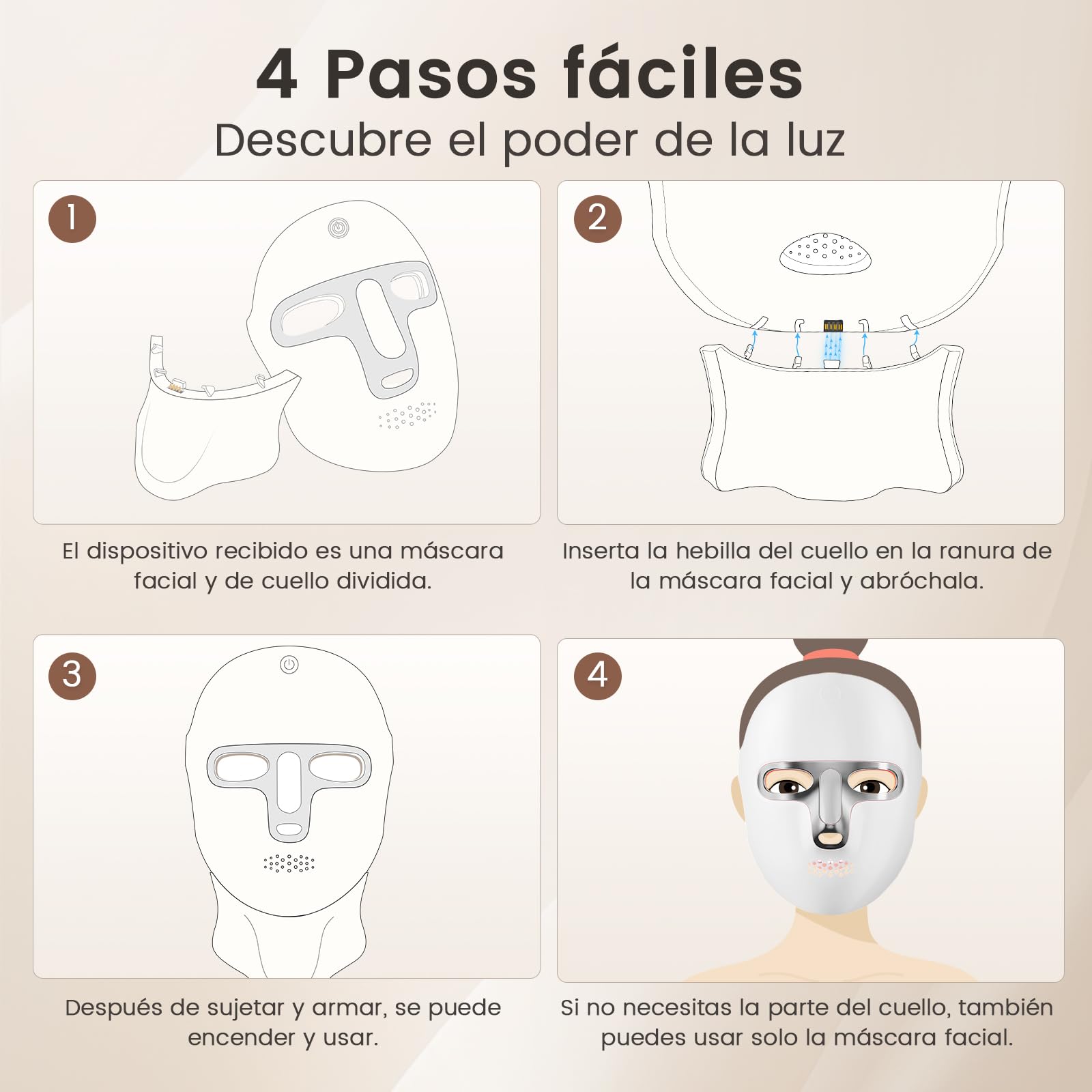 Máscara LED para Cara y Cuello Recargable USB-C con 7 Modos de Luz Diseño Inalámbrico para Uso Diario Hogar Viajes Yoga (Plata)