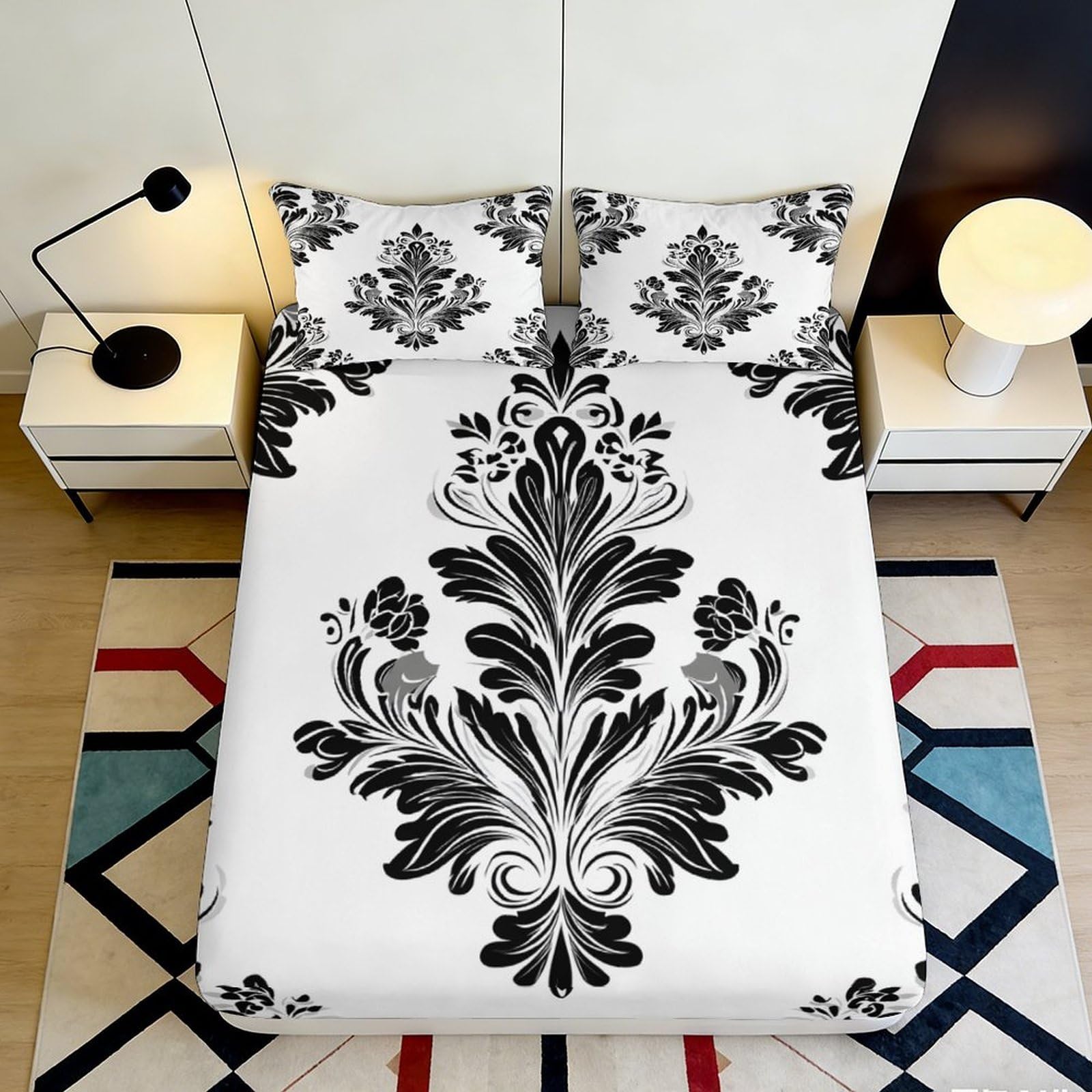 3D Printed Black Baroque Fitted Sheet Microfiber Soft Ornate Damask Mattress Cover for Bedroom Guest Room Decor 90x200x25cm