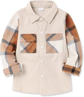Toddler Boy Clothes Button Down Shirt Apricot Long Sleeve Plaid Shirt for Kids Little Boys Fall Winter Outfits