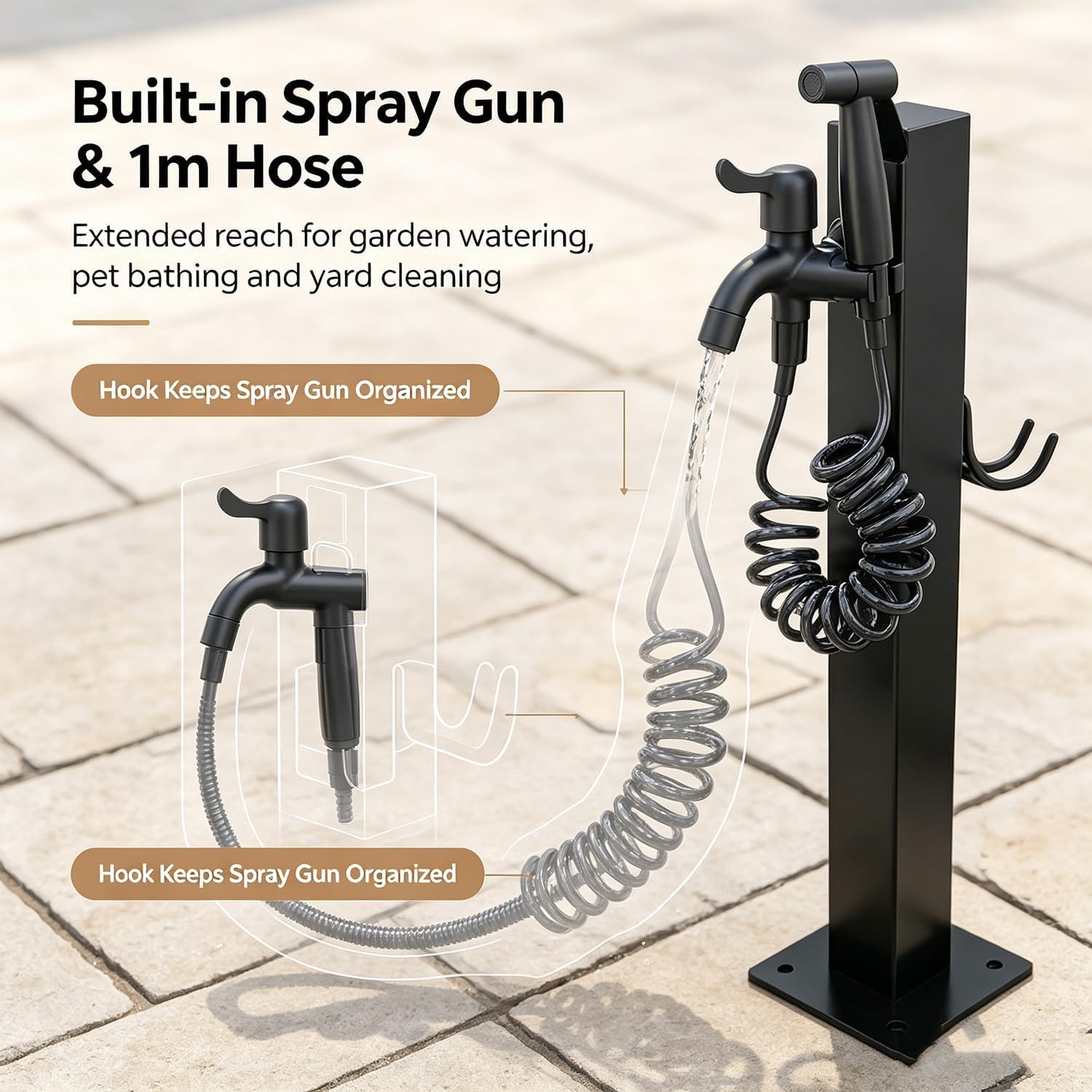 Columna De Agua para Jardín con Grifo, Grifo De Hidrante De Acero Inoxidable De 23,62" con Dos Boquillas, Poste De Agua Anticongelante Independiente, para Lavar Mascotas/automóviles E