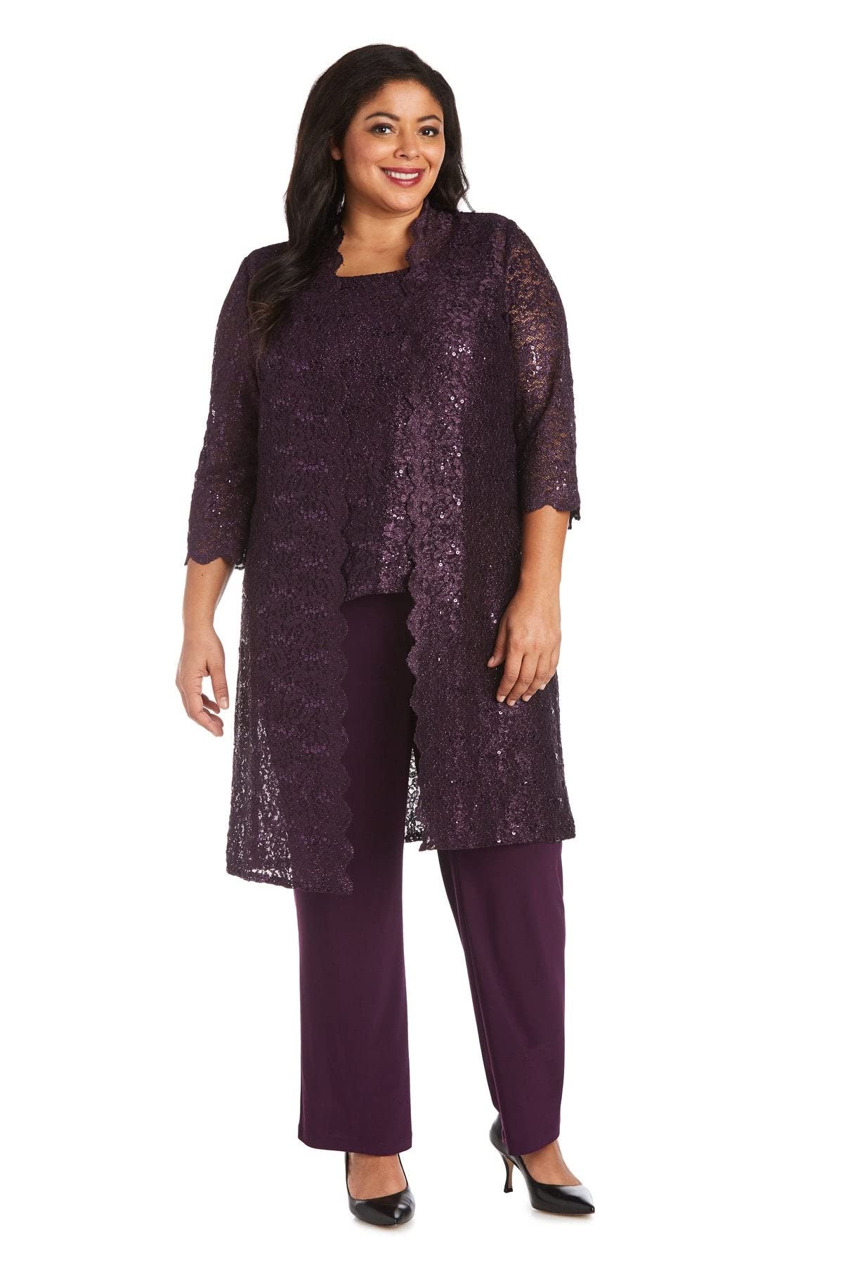 R&M Richards Women's Scallop Lace Duster Pant Set